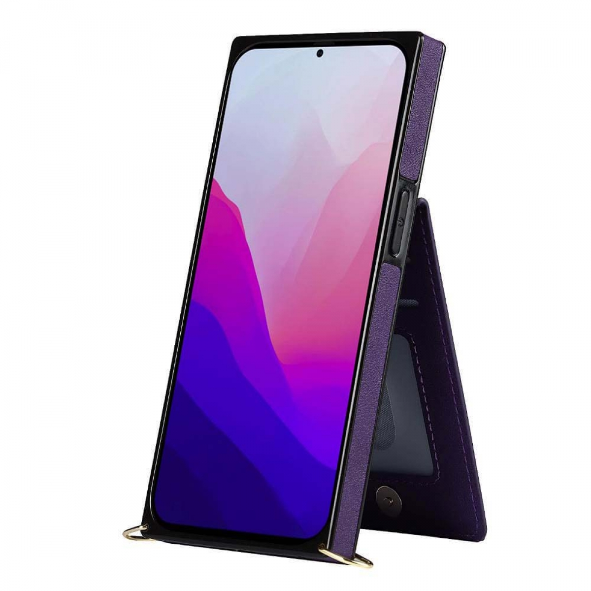 Lila Handyhülle mit Telefon darin. Die Hülle lässt sich zusammenklappen und aufstellen.