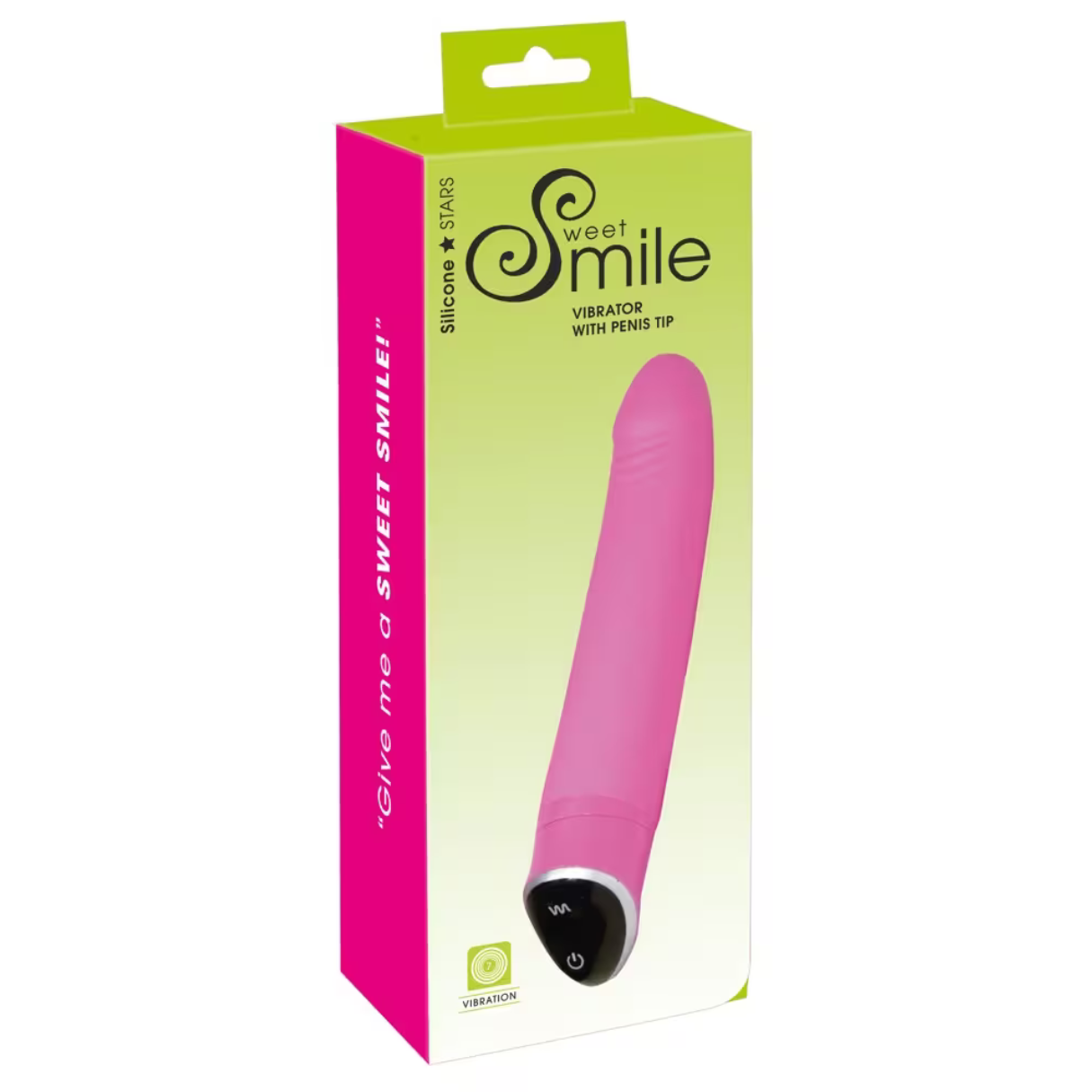 Rosa Vibrator mit Penisspitze, verpackt in einer grünen und rosa Box.