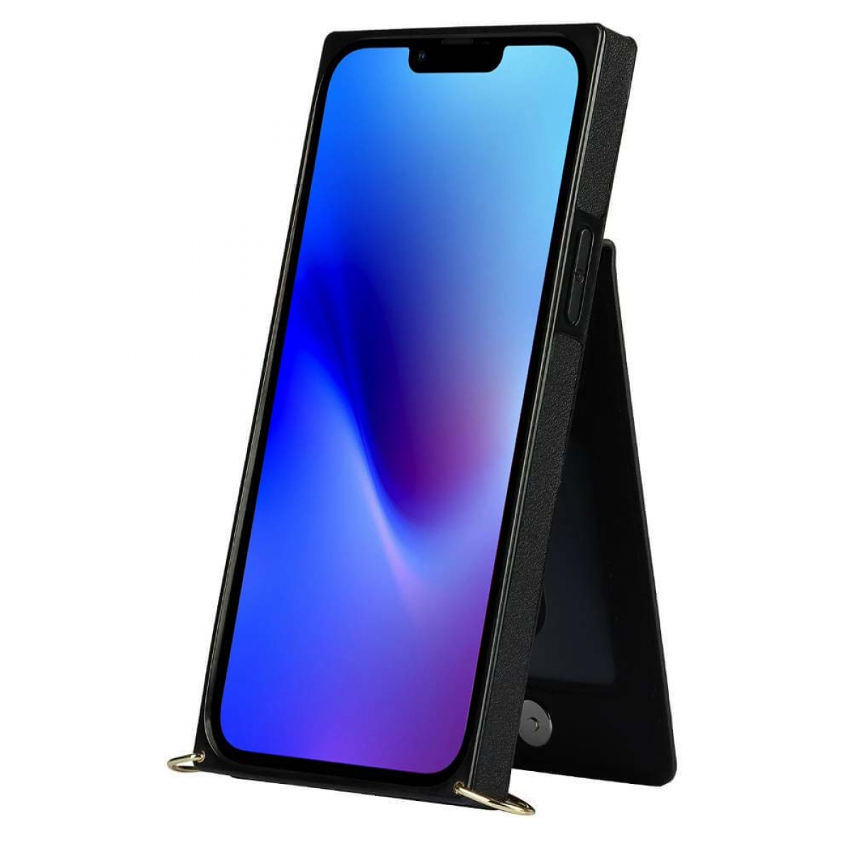 Schwarzes Telefon auf einem schwarzen Ständer, Bildschirm zeigt Farbverlauf.