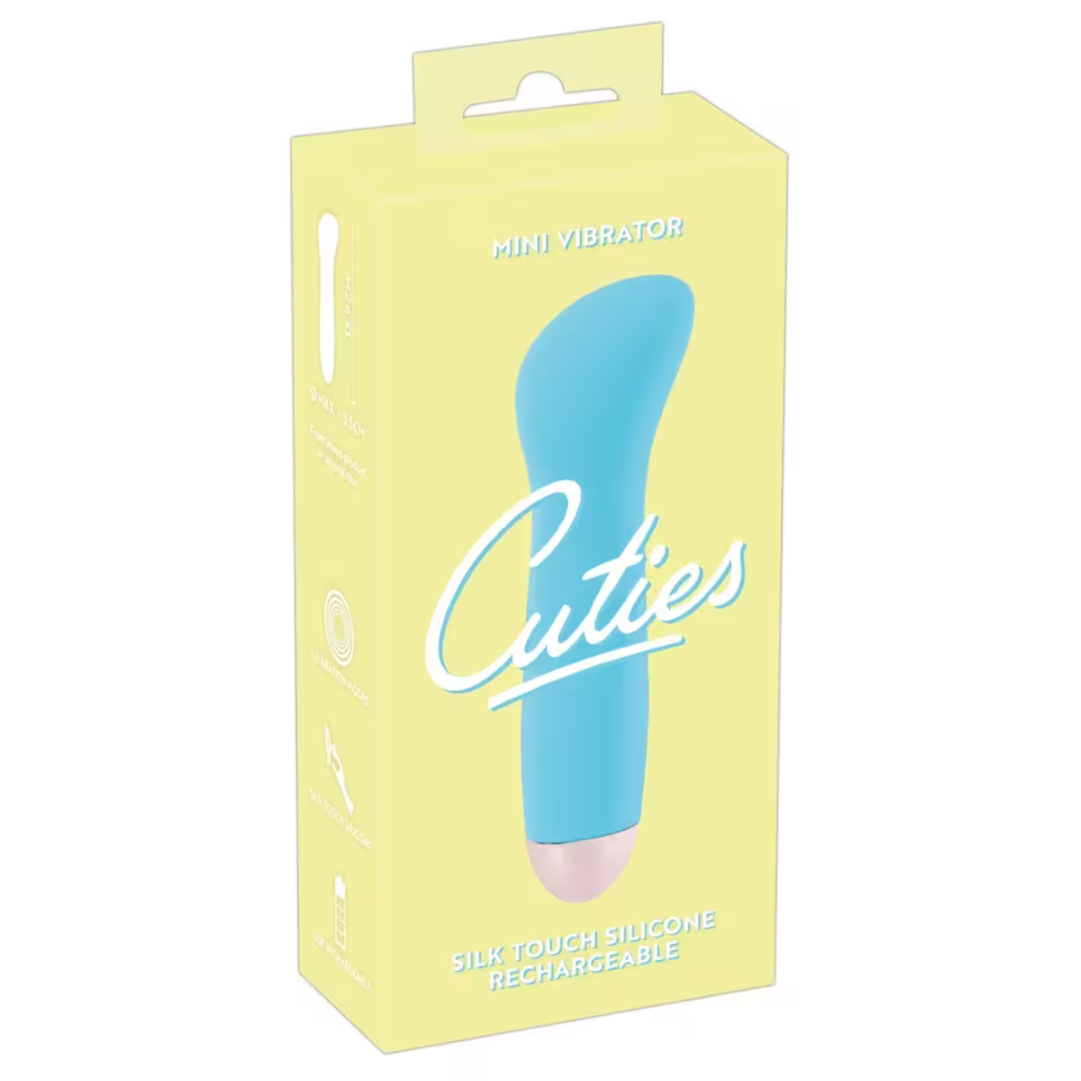 Blauer Vibrator mit rosa Spitze, verpackt in einer gelben und weißen Box.