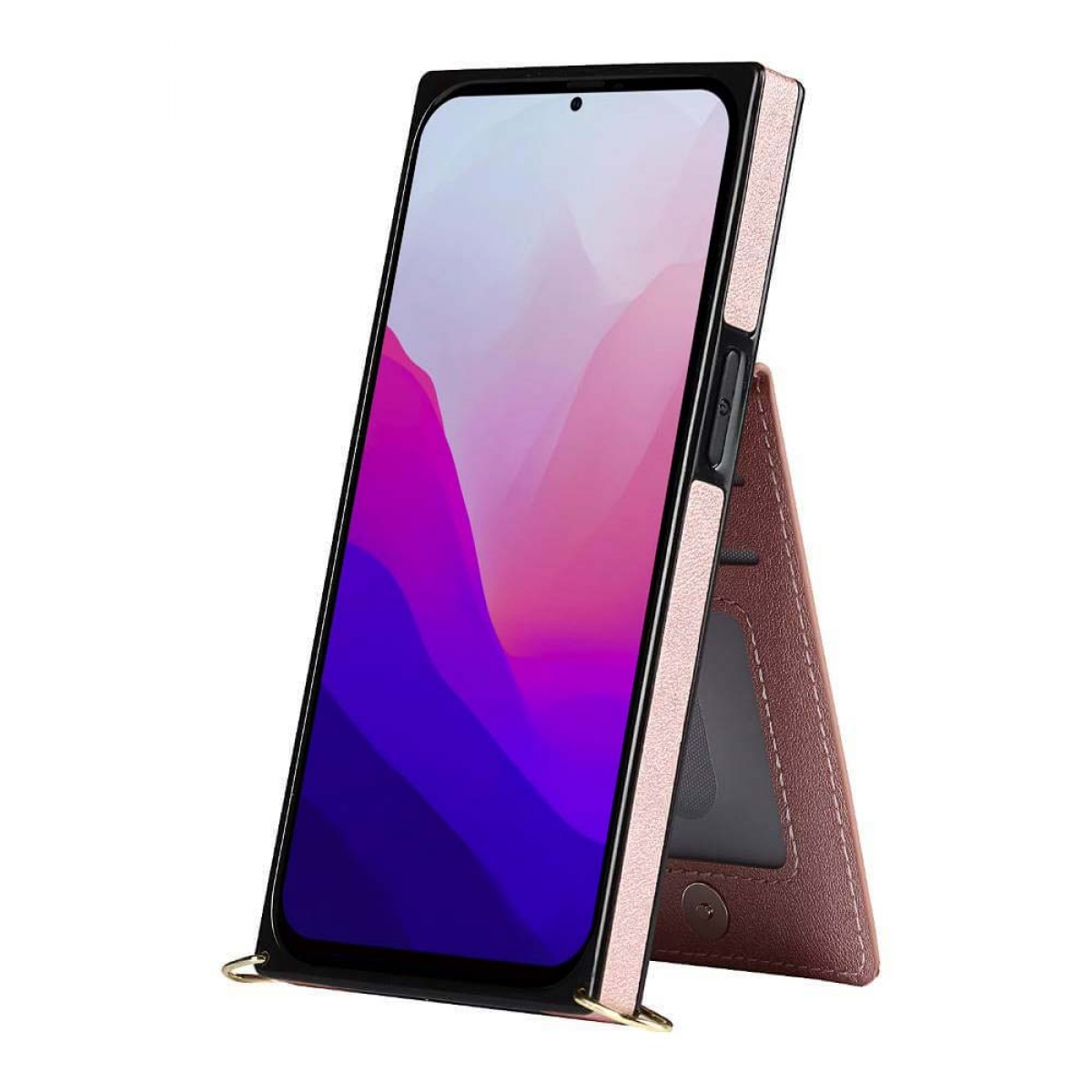 Ein Smartphone in einer Hülle, hochgestellt. Die Hülle ist braun und rosa.