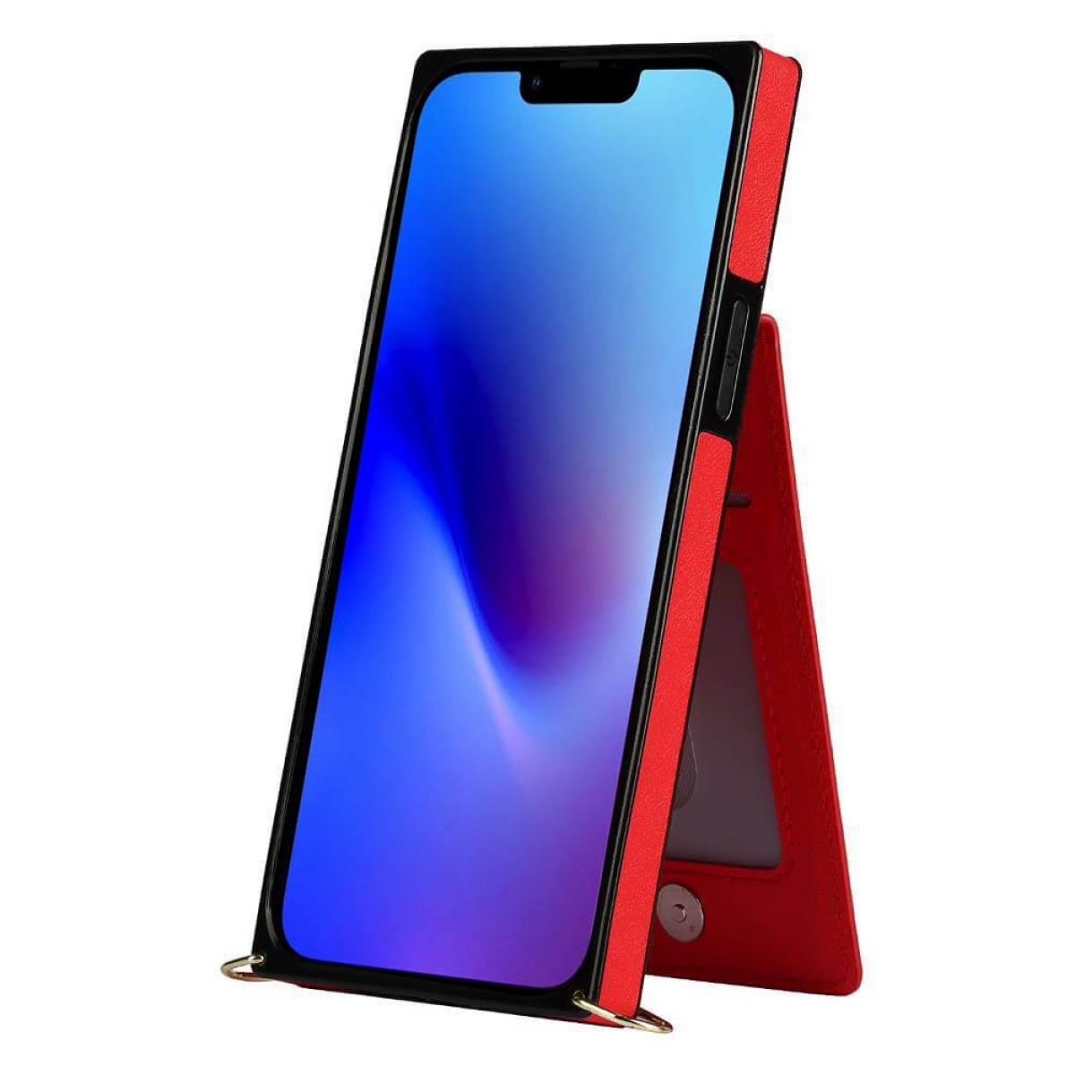 Rote Handyhülle mit schwarzem Rahmen, hält ein Handy mit blauem und lila Bildschirm. Die Hülle hat eine Standfunktion.