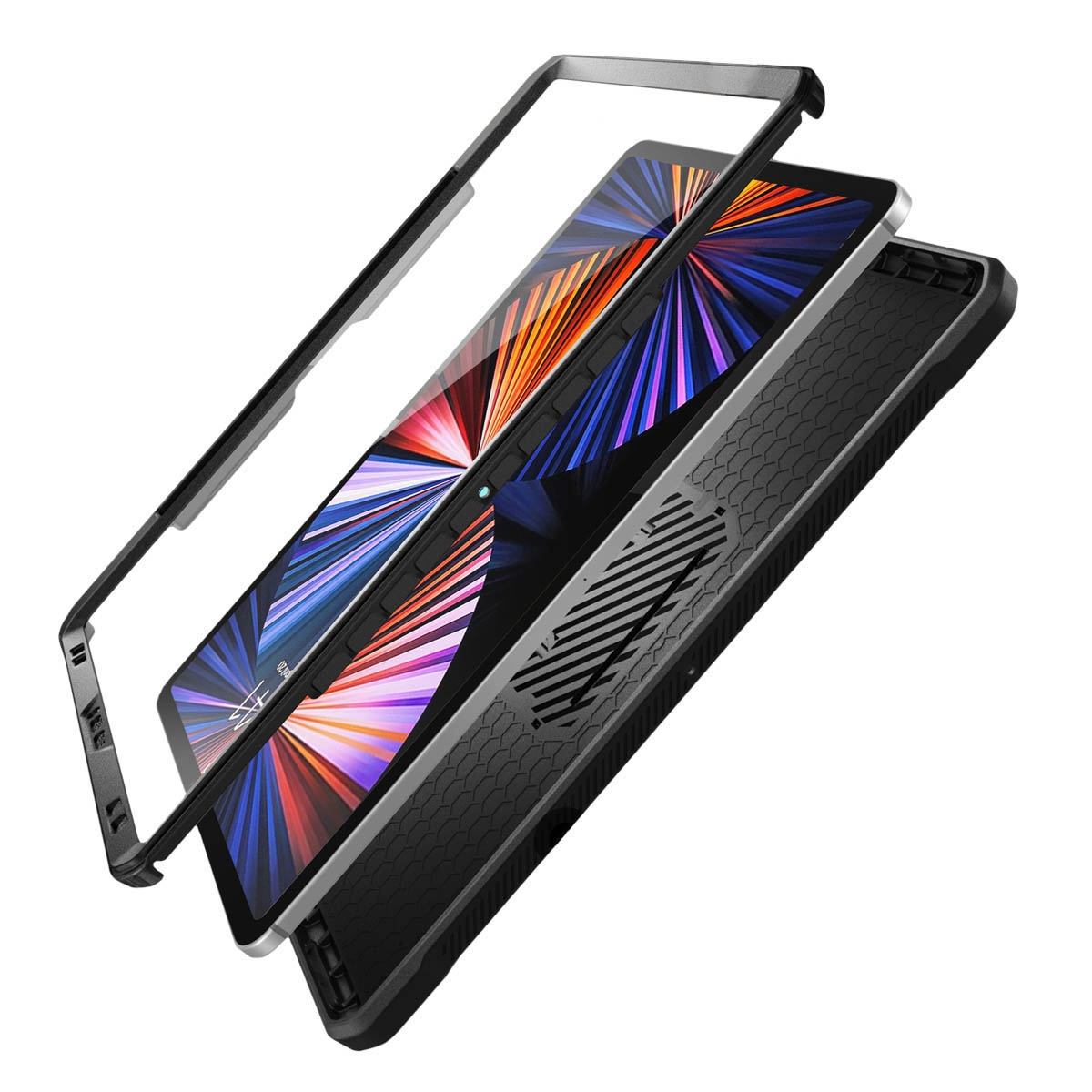 Schwarzes Tablet-Case. Das Case ist geöffnet und zeigt das Tablet und den Schutzrahmen.