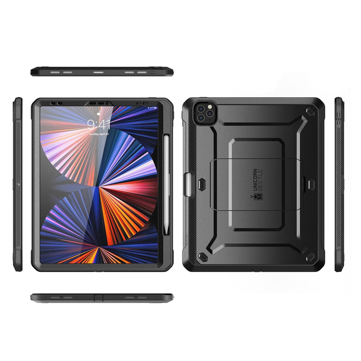 Tablet in einer schwarzen Hülle, verschiedene Winkel. Stift an der Seite.