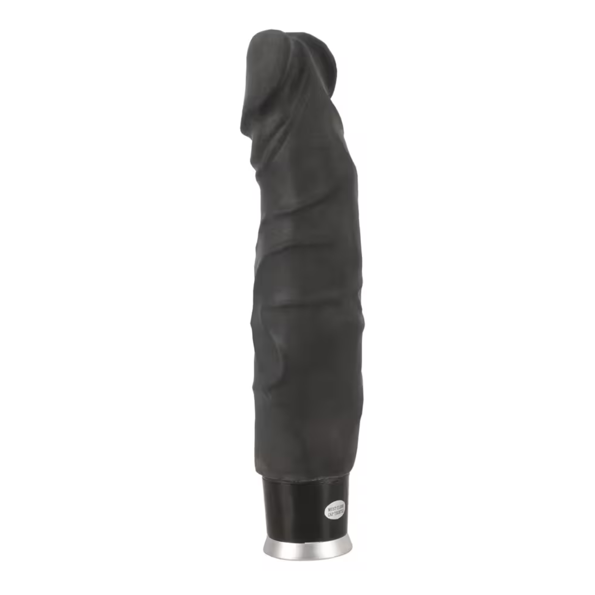 Ein schwarzer Dildo auf weißem Hintergrund, mit ausgestellter Basis.