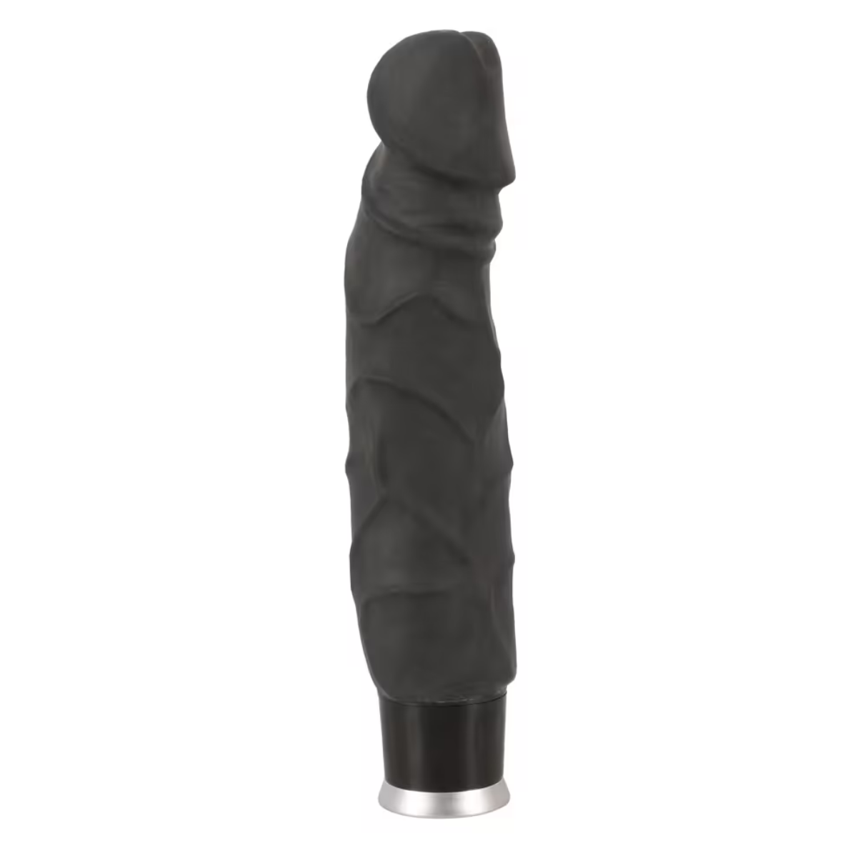 Schwarzer realistischer Dildo mit strukturierter Oberfläche und silbernem Sockel.