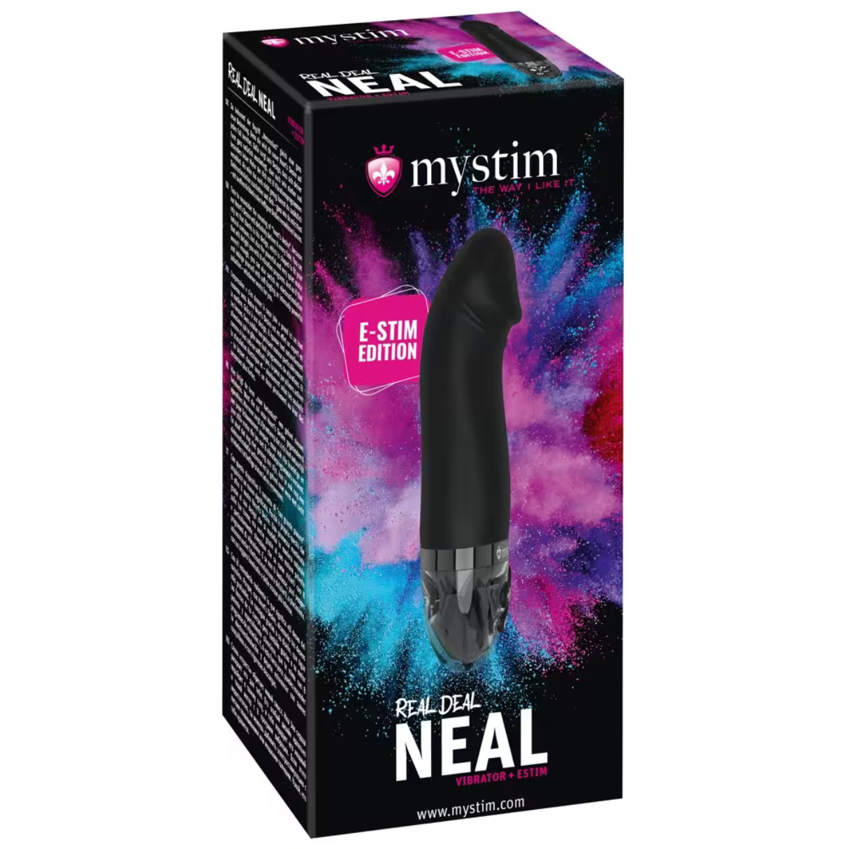 Schwarzes Sexspielzeug in einer Box mit der Aufschrift 'mystim REAL DEAL NEAL'. Weißer Hintergrund.