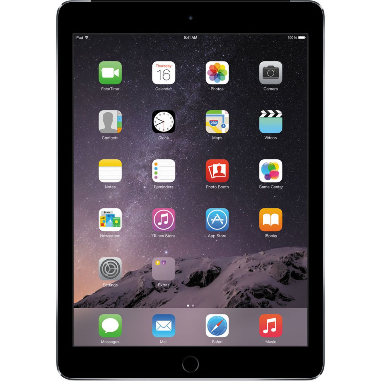 Schwarzes iPad mit App-Symbolen. Der Bildschirm zeigt Datum/Uhrzeit und App-Symbole für FaceTime, Fotos, Kamera usw.