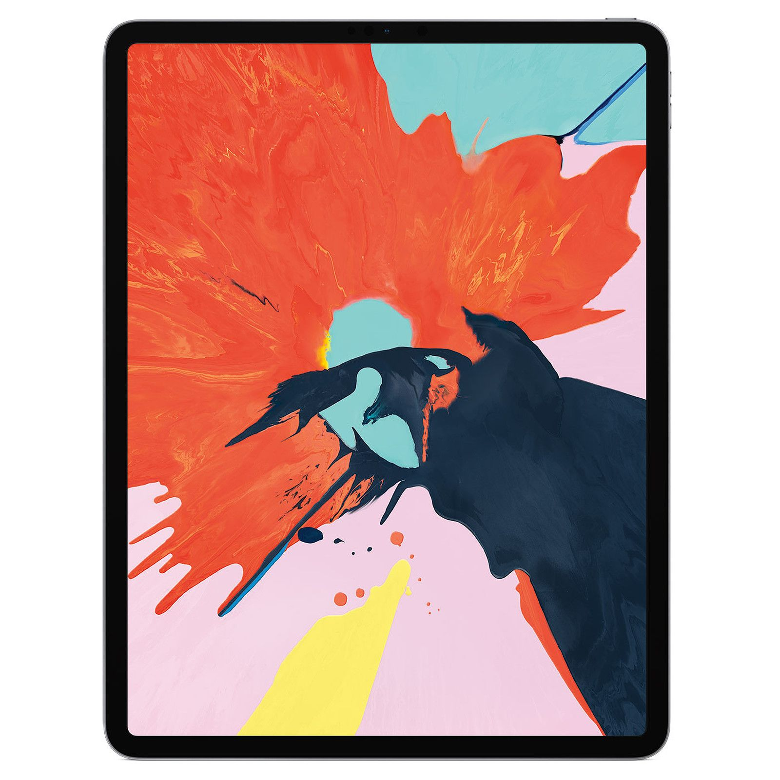 Una pantalla de tableta que muestra una obra de arte abstracta con trazos de pintura rojos, azules y amarillos.