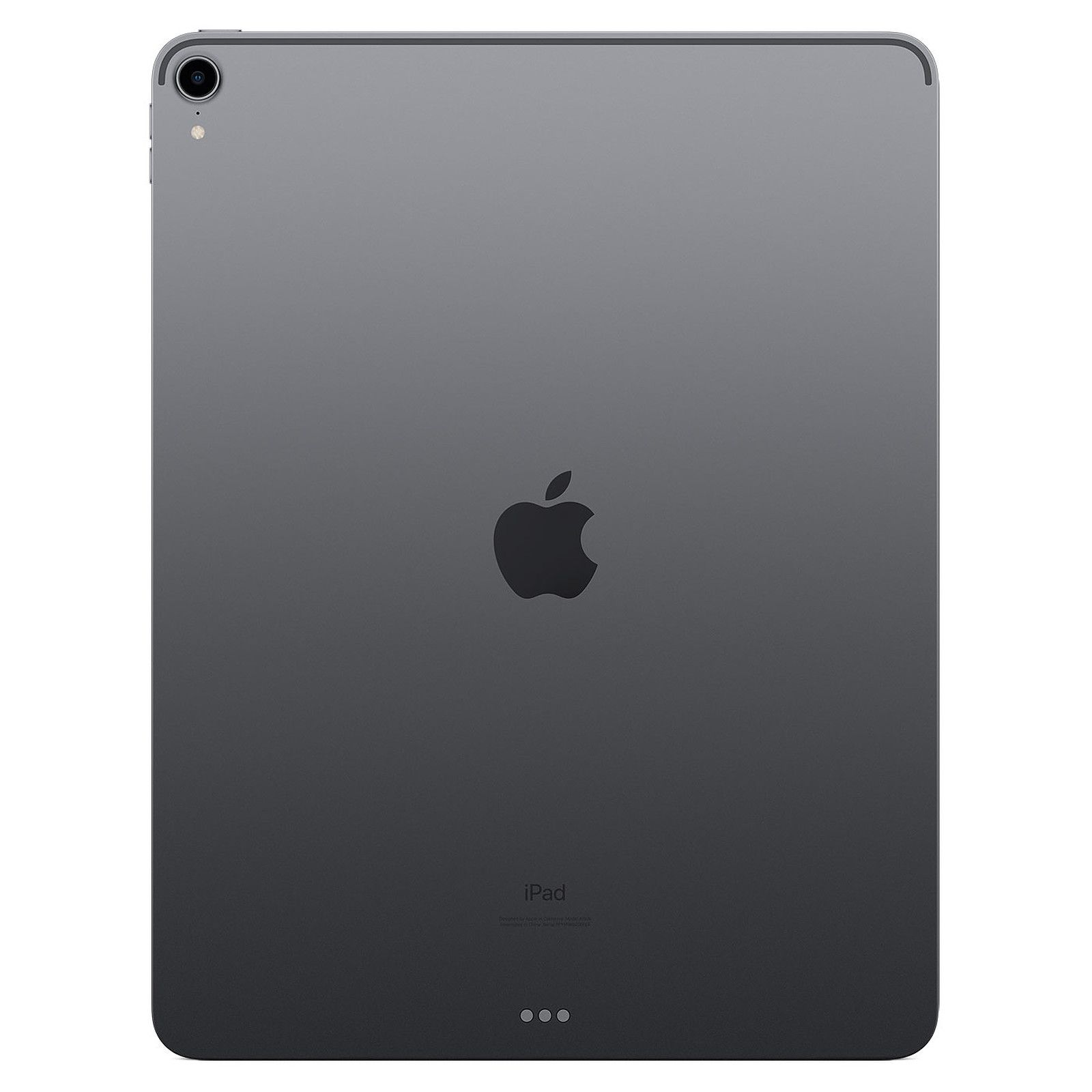 iPad gris oscuro con un logotipo de Apple negro. Cámara y otras funciones en la esquina superior. Diseño simple.