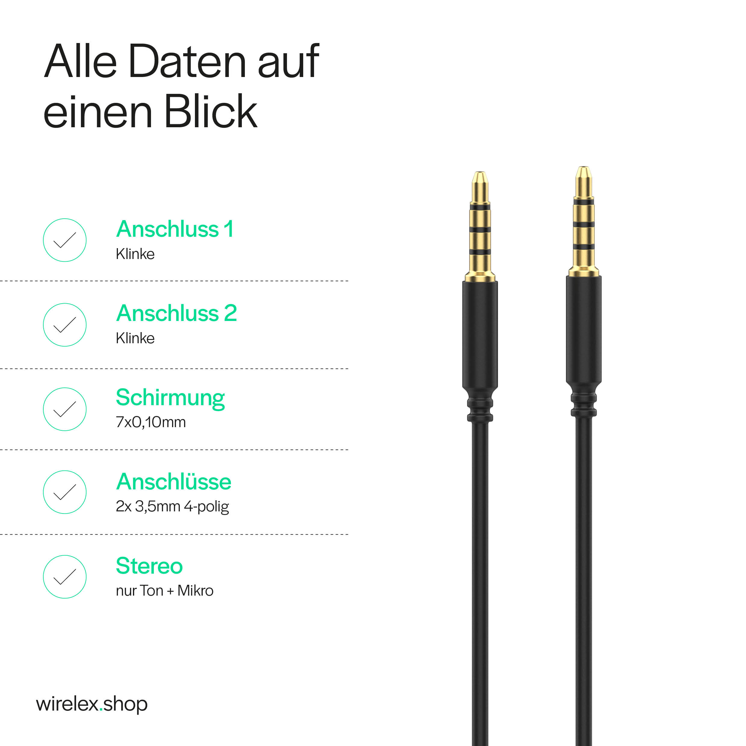 Zwei Audiokabel mit Goldsteckern und eine Spezifikationsliste.