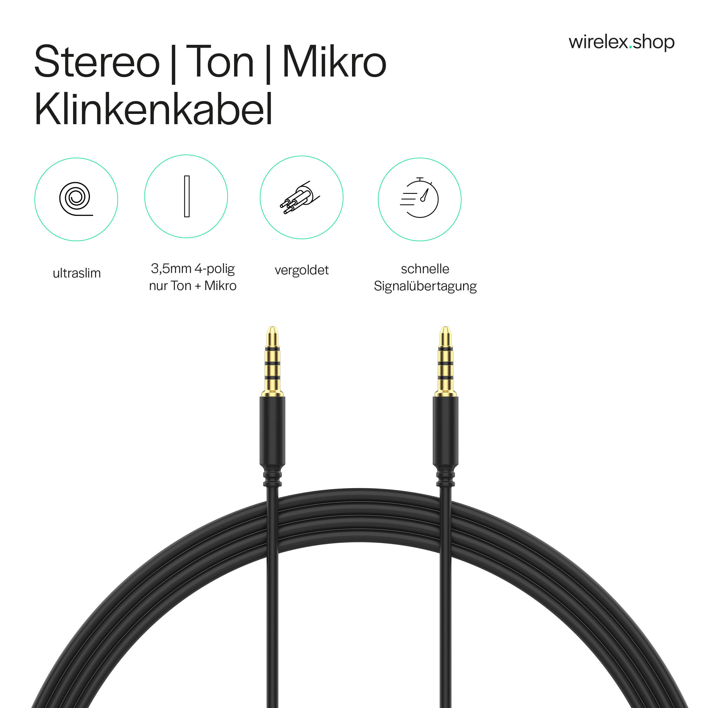 Ein schwarzes Stereo-Audiokabel mit vergoldeten Anschlüssen auf weißem Hintergrund. Text beschreibt Funktionen.
