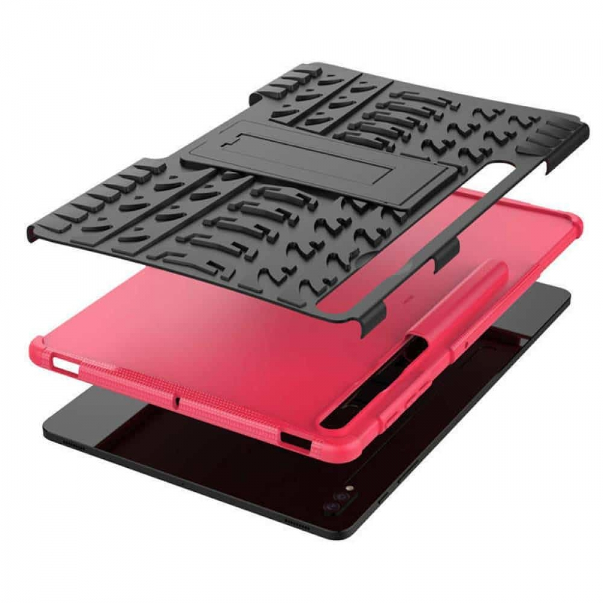 Tablethülle mit drei Schichten, schwarzem Oberteil, roter Mitte und schwarzem Boden.