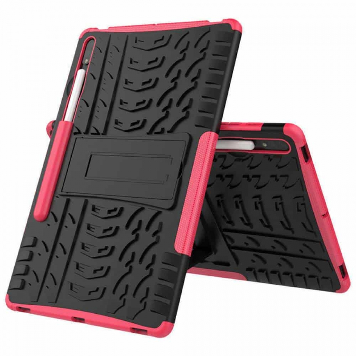 Zwei Tablet-Hüllen, schwarz mit rosa Einfassung, eine aufrecht mit Ständer, die andere liegend.