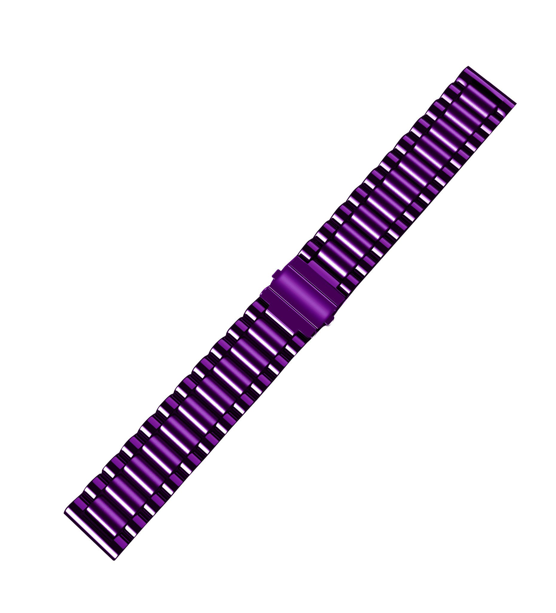 Ein lila Metallarmband mit segmentierten Gliedern, schräg vor einem weißen Hintergrund.