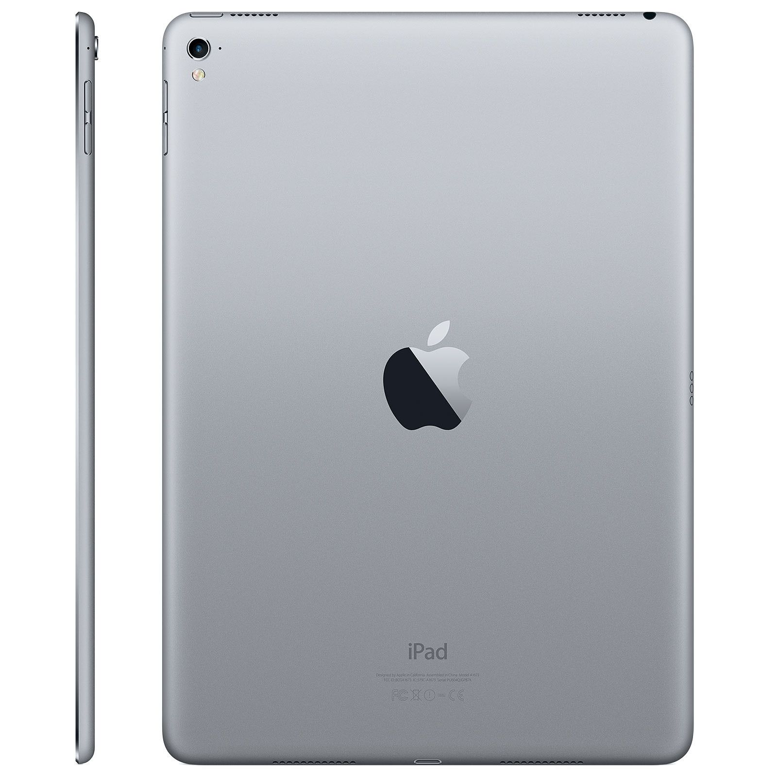 Srebrny iPad, widok z przodu i z boku. Ma czarne logo Apple.