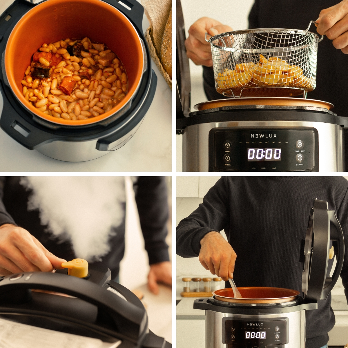 Collage de una olla a presión en uso: frijoles, freír, abrir y controles.