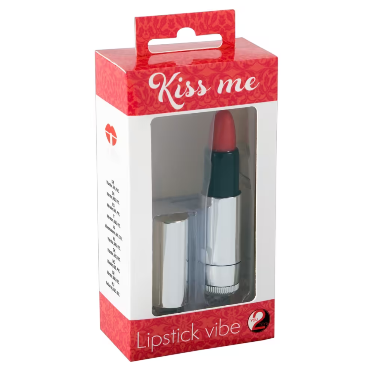 Roter und silberner Lippenstift-Vibrator in der Box. Auf der Box steht 'Kiss me'.