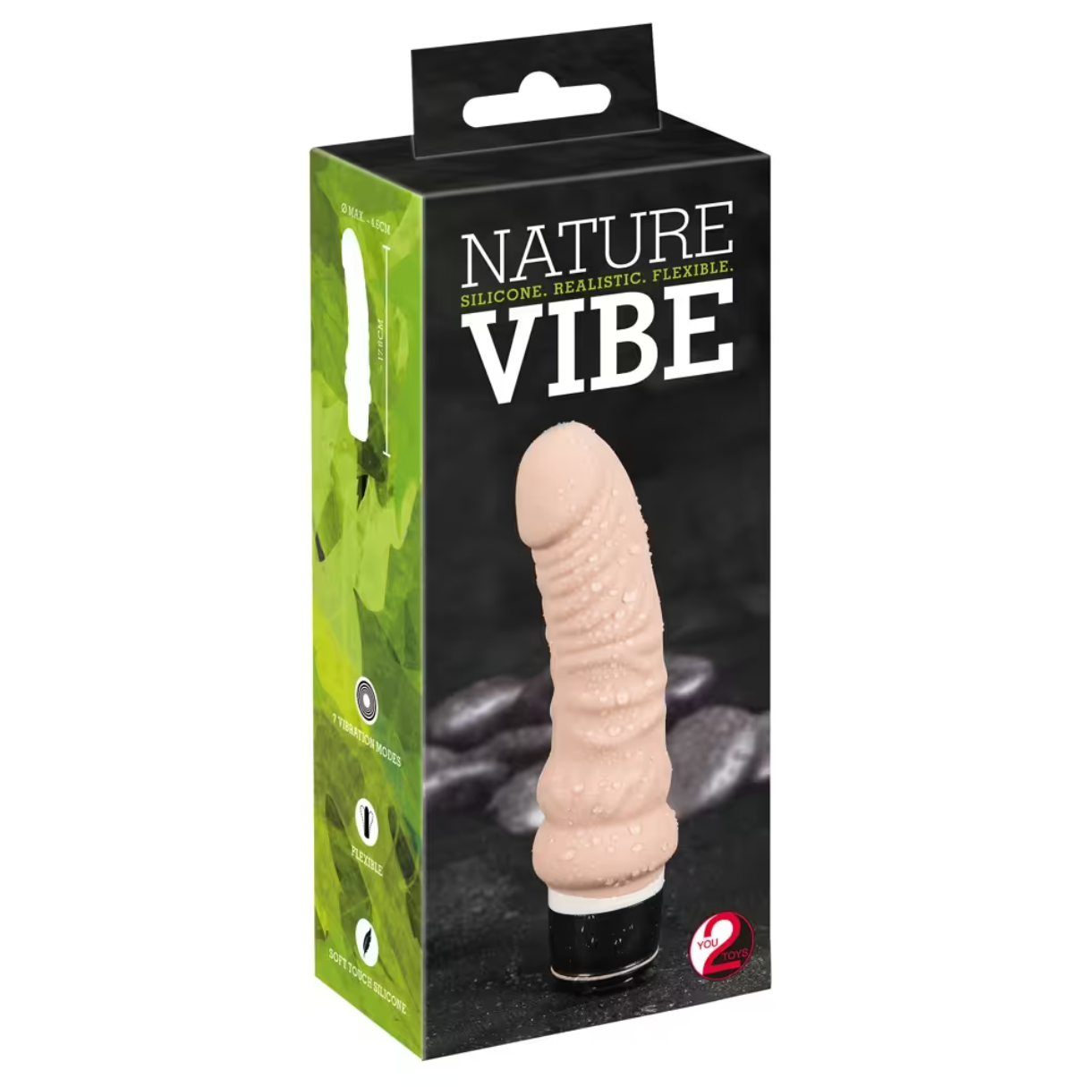 Verpackung eines Sexspielzeugs, ein beigefarbener Dildo mit schwarzen Akzenten auf weißem Hintergrund.