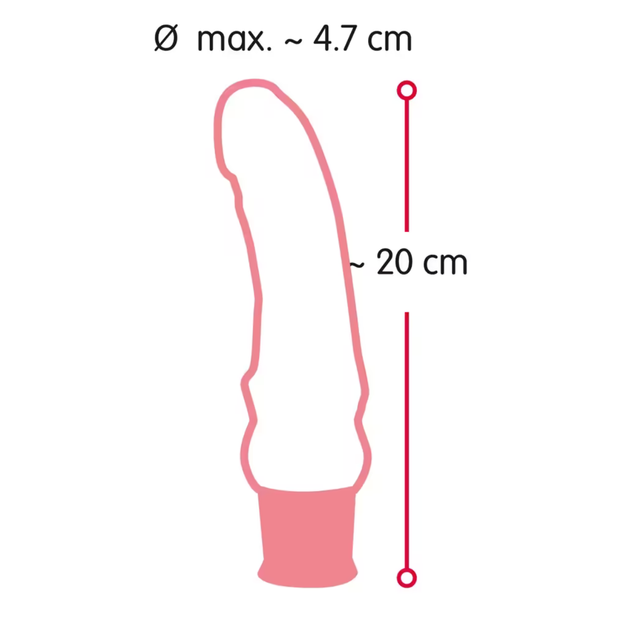 Ein rosa, gebogenes Objekt mit Maßen: max. 4,7 cm Durchmesser, ~20 cm Länge, auf weißem Hintergrund.