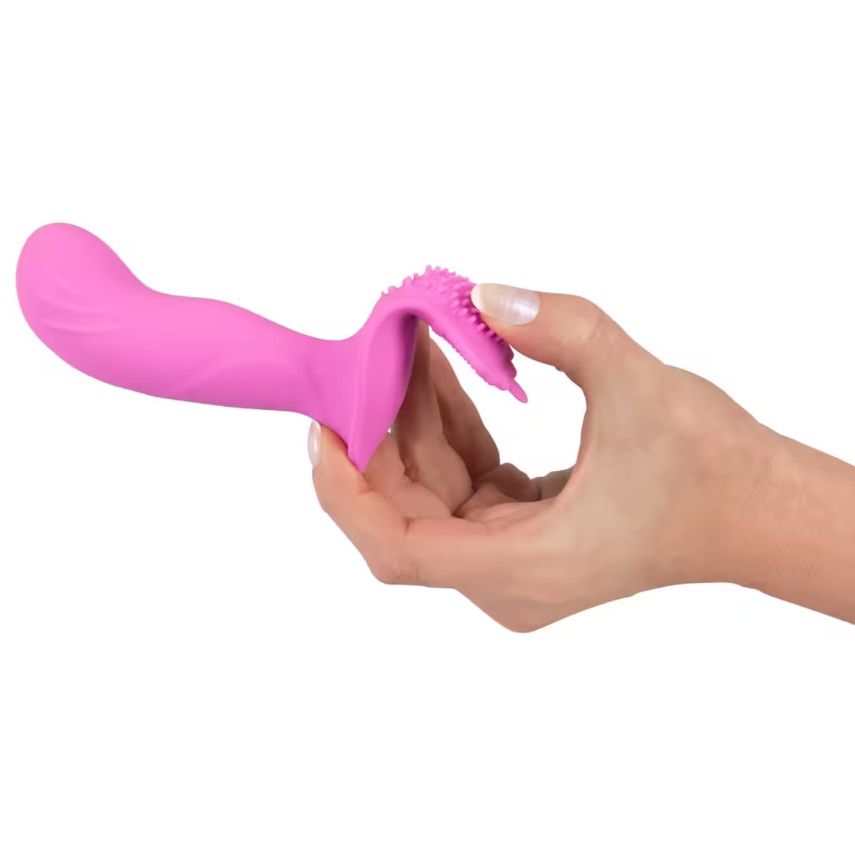 Eine Hand hält einen rosa Vibrator mit strukturierter Spitze auf weißem Hintergrund.