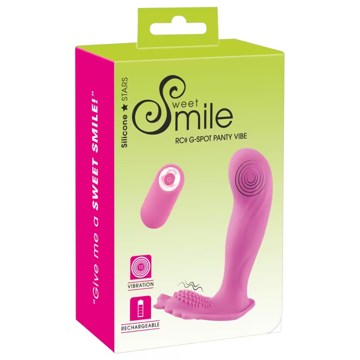 Ein pinkfarbenes Sexspielzeug mit Fernbedienung, verpackt in einer Schachtel.