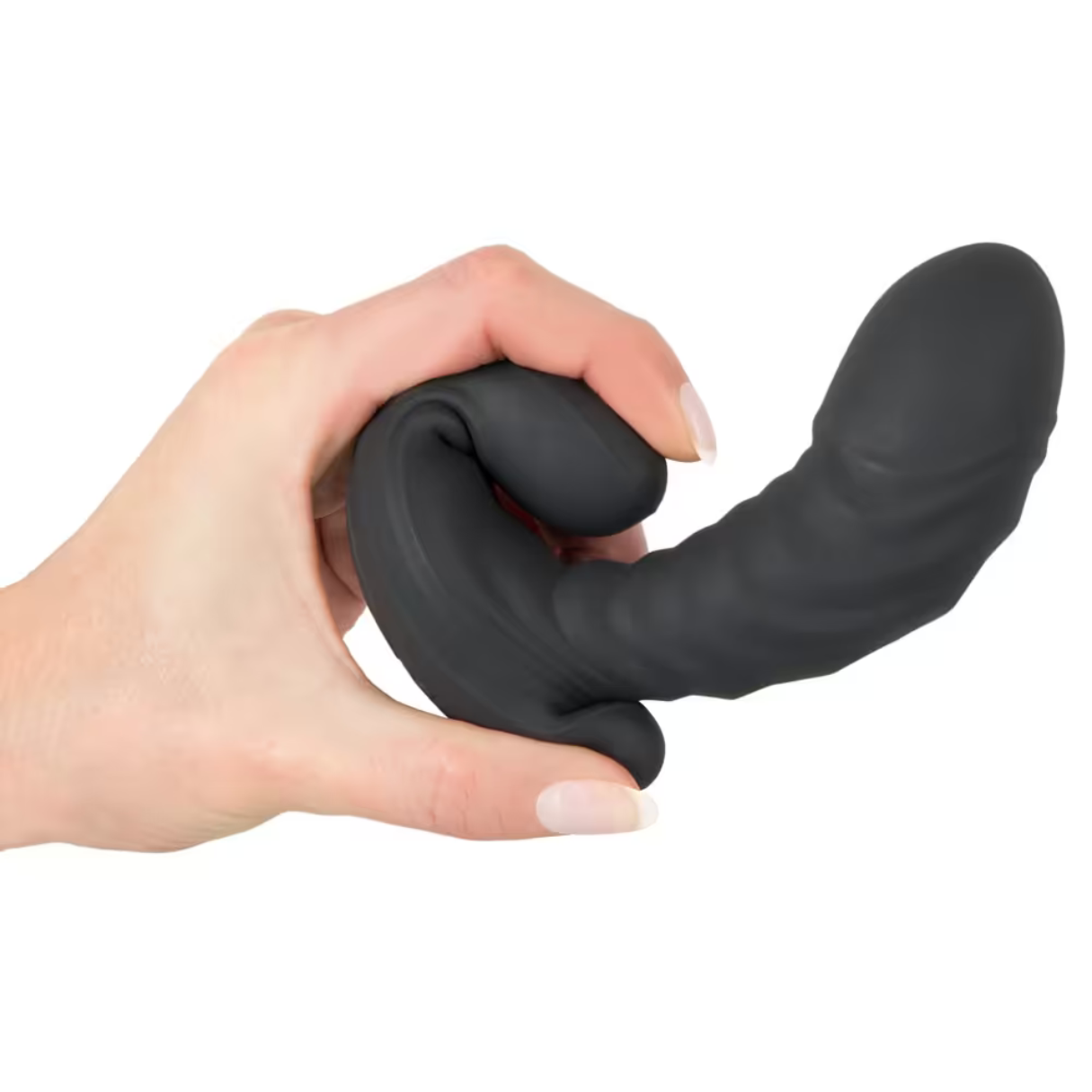 Eine Hand, die einen schwarzen Dildo hält. Der Hintergrund ist weiß.