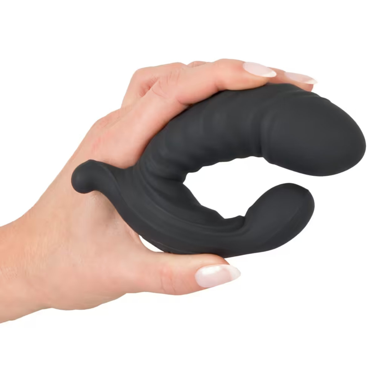 Ein schwarzes Sexspielzeug wird von einer hellhäutigen Hand vor weißem Hintergrund gehalten.