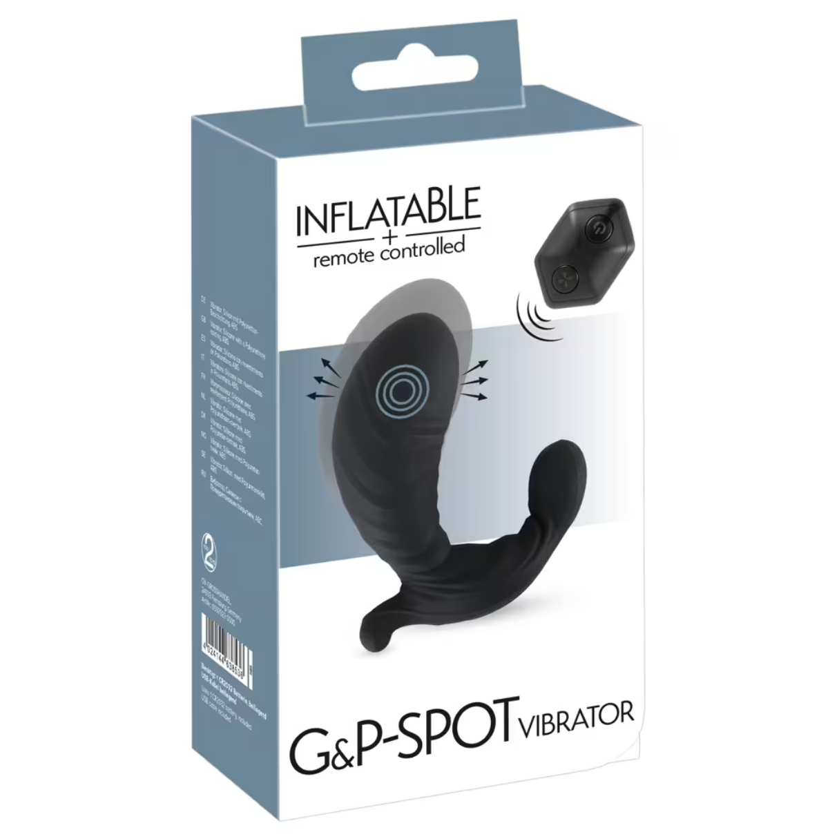 Verpackter aufblasbarer Vibrator mit Fernbedienung, schwarz, mit Vibrationspfeilen.