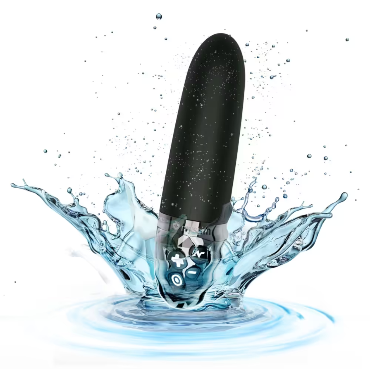 Schwarzer Vibrator mit Wasserspritzer. Weißer Hintergrund.
