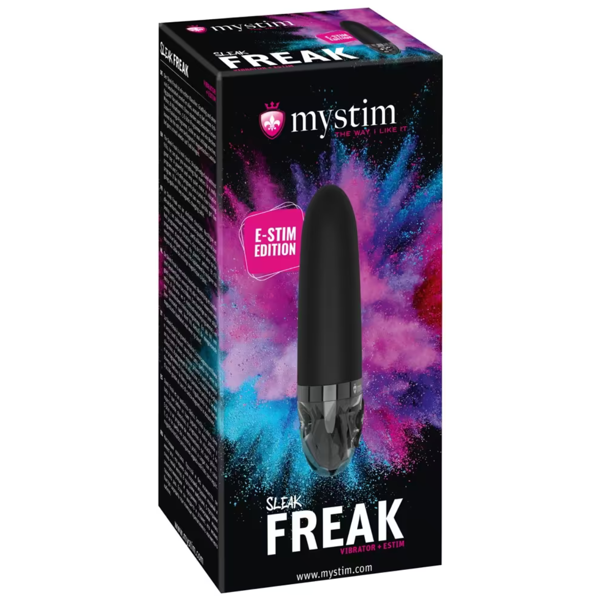 Schwarzer Vibrator in einer Box mit dem Namen "FREAK". Die Box ist schwarz, weiß und rosa.