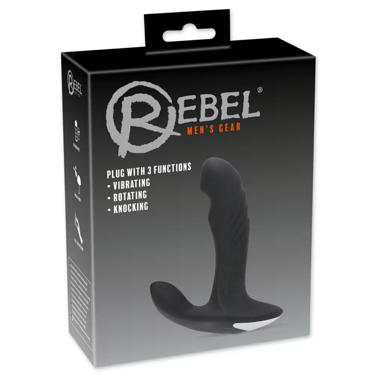 Box mit einem schwarzen Dildo und dem Text "REBEL MEN'S GEAR" und "PLUG WITH 3 FUNCTIONS".