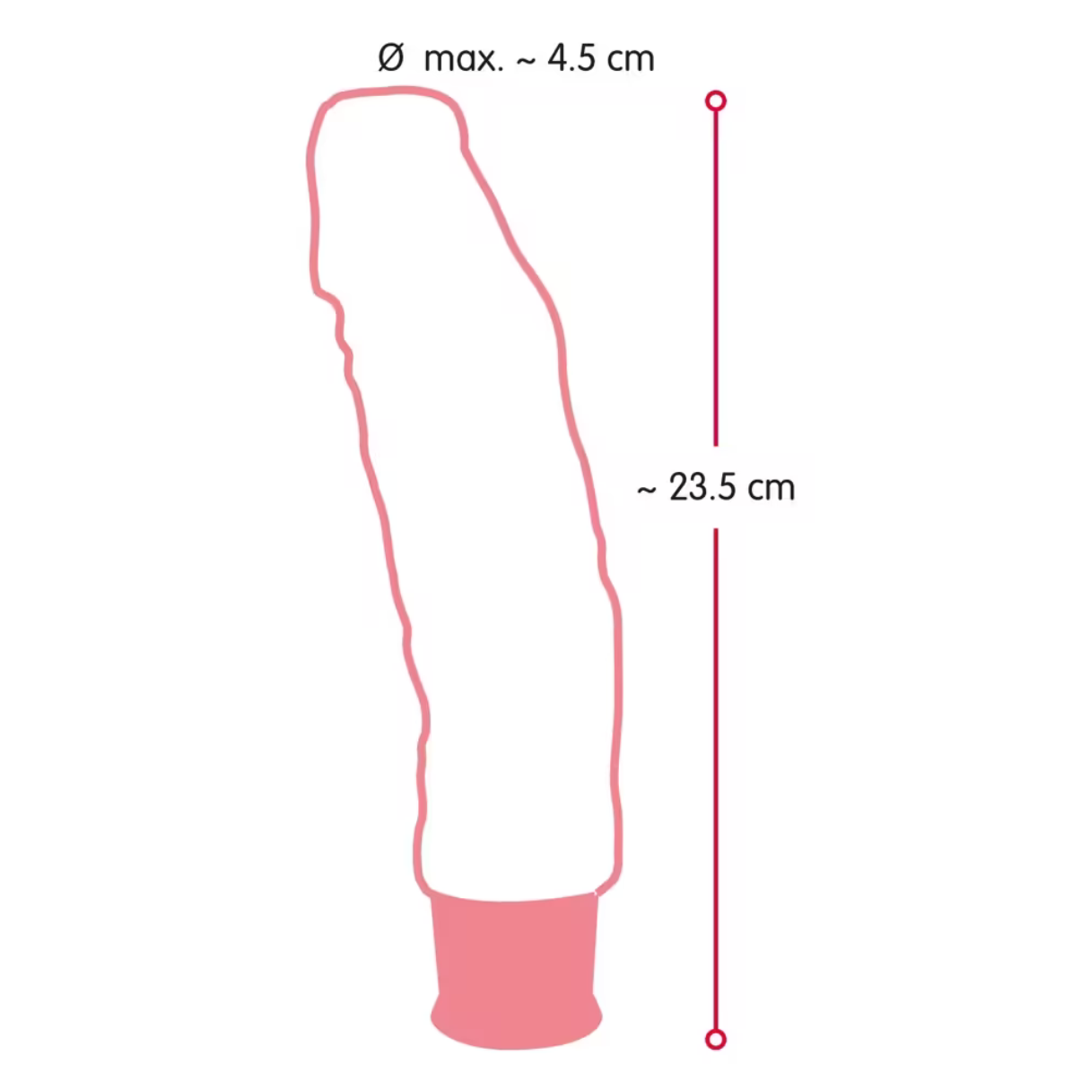 Rosa Sexspielzeug-Umriss mit Abmessungen: 4,5 cm Durchmesser und 23,5 cm Länge. Weißer Hintergrund.