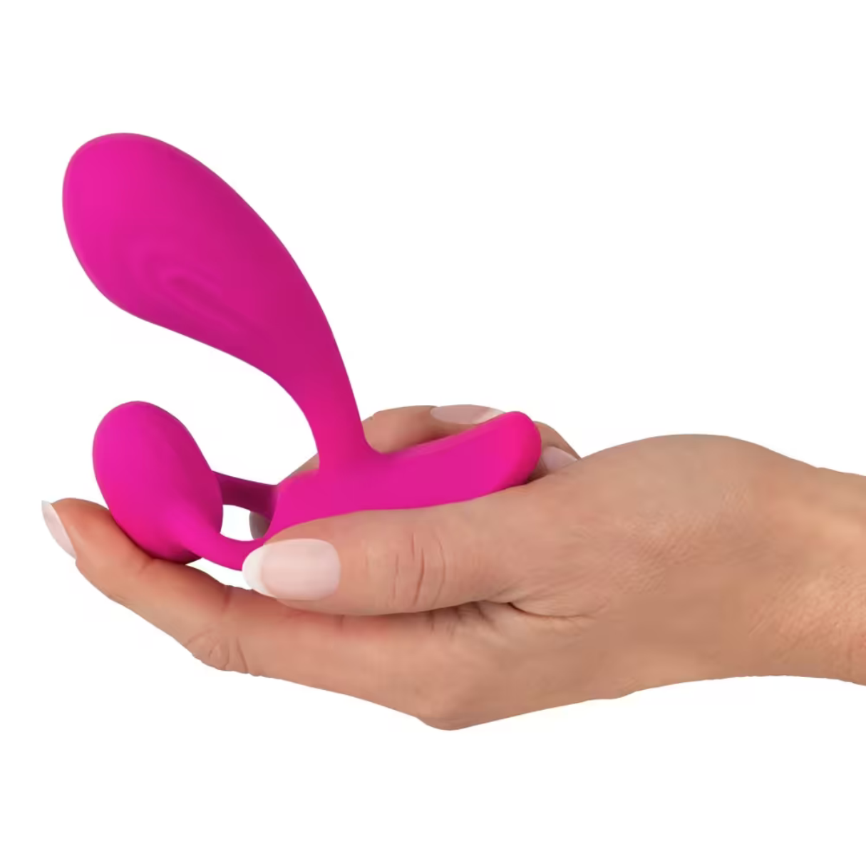 Eine Hand, die ein rosa Sexspielzeug mit einzigartiger Form auf weißem Hintergrund hält.