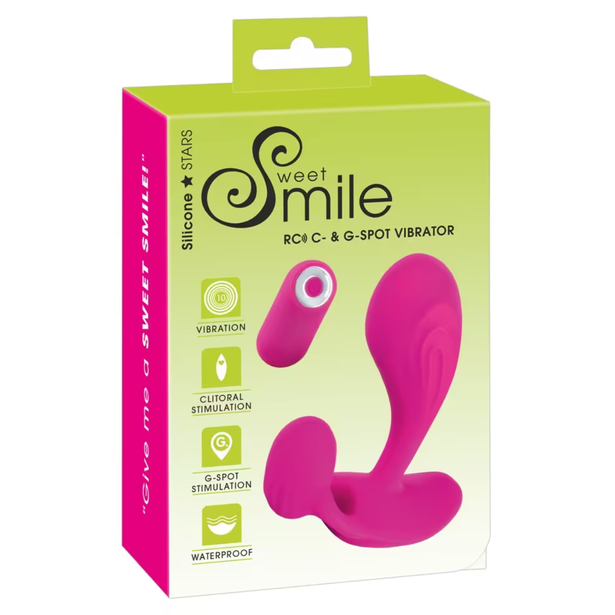 Box mit einem pinkfarbenen Vibrator und dem Text "Sweet Smile" und "Silicone Stars".