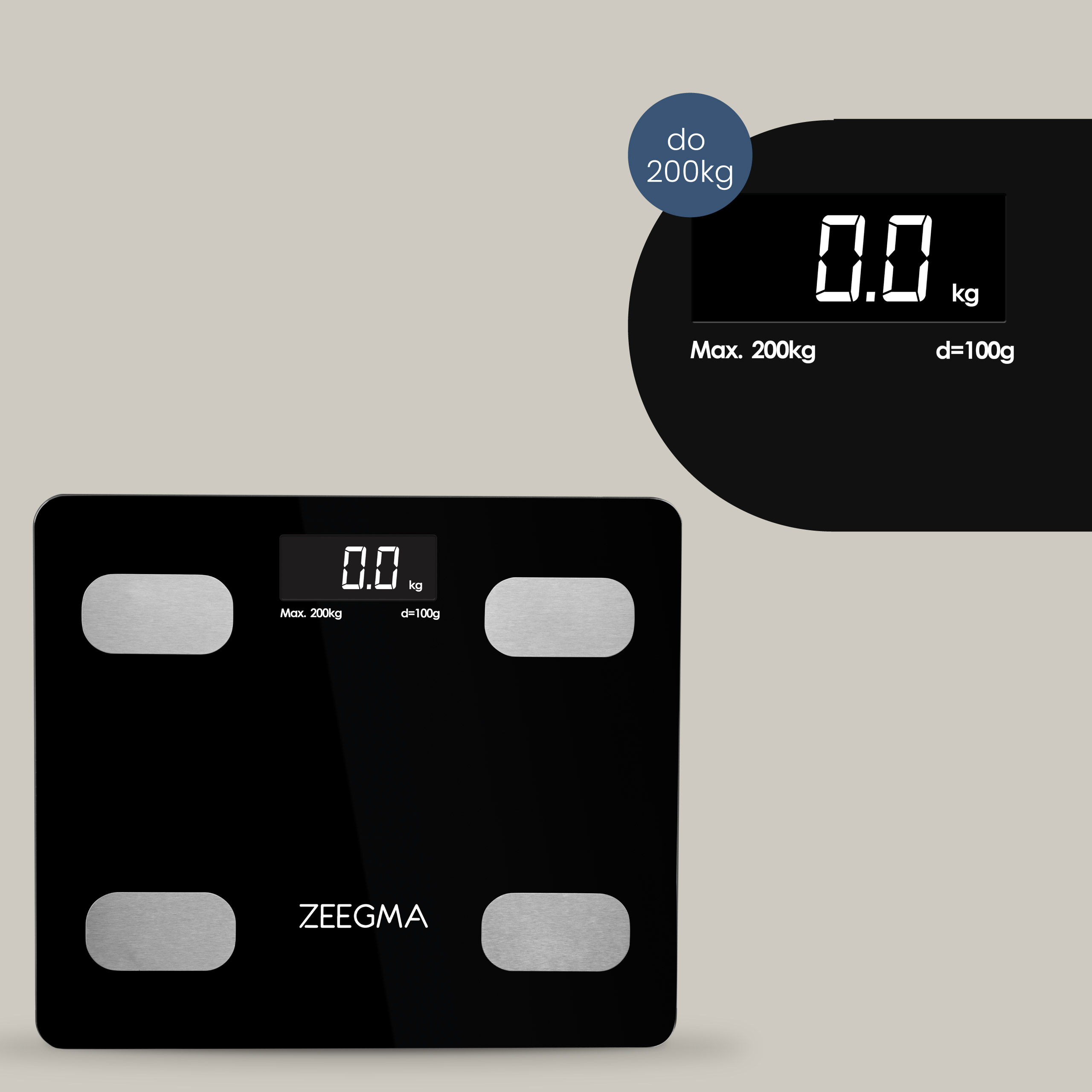 Zwarte digitale weegschaal met zilveren voetkussentjes. Een close-up toont 0,0 kg.