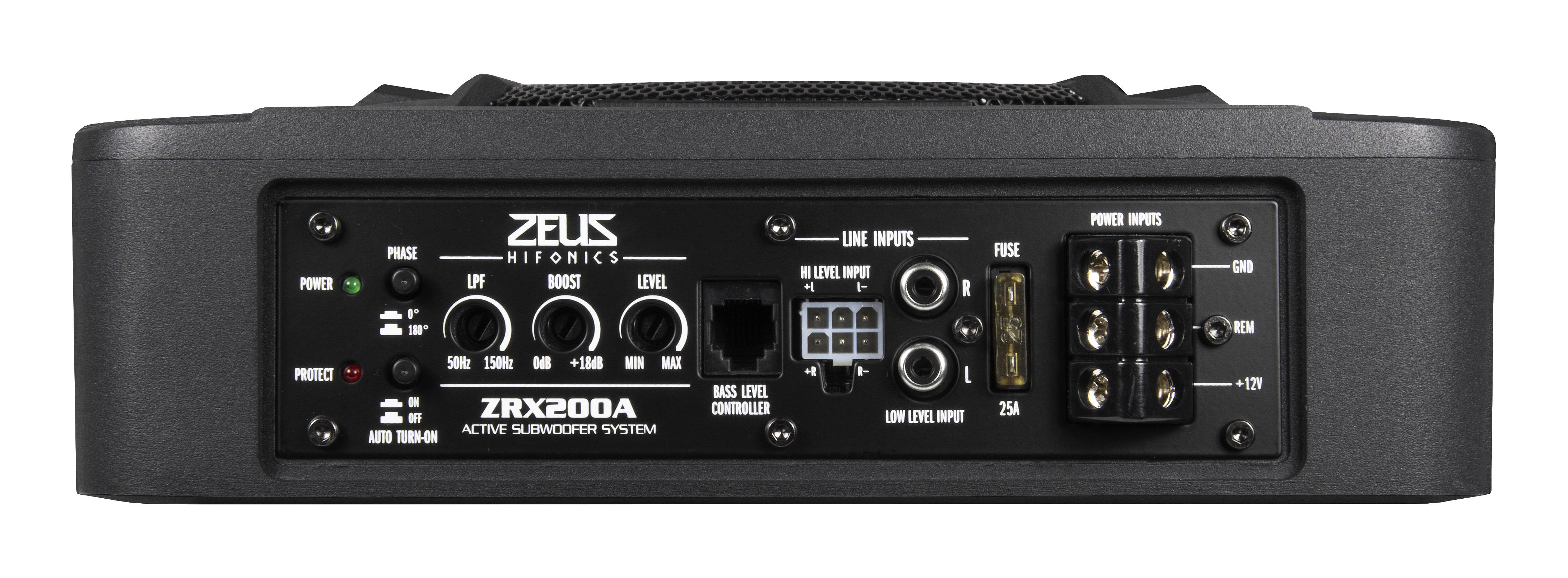 Rückseite eines Zeus Hifonics Auto-Audio-Verstärkers. Schwarz mit sichtbaren Bedienelementen und Eingängen.