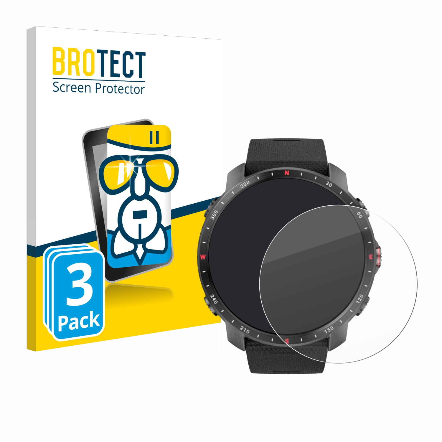 Smartwatch mit Displayschutzfolie und Verpackung. Die Uhr ist schwarz mit schwarzem Armband.
