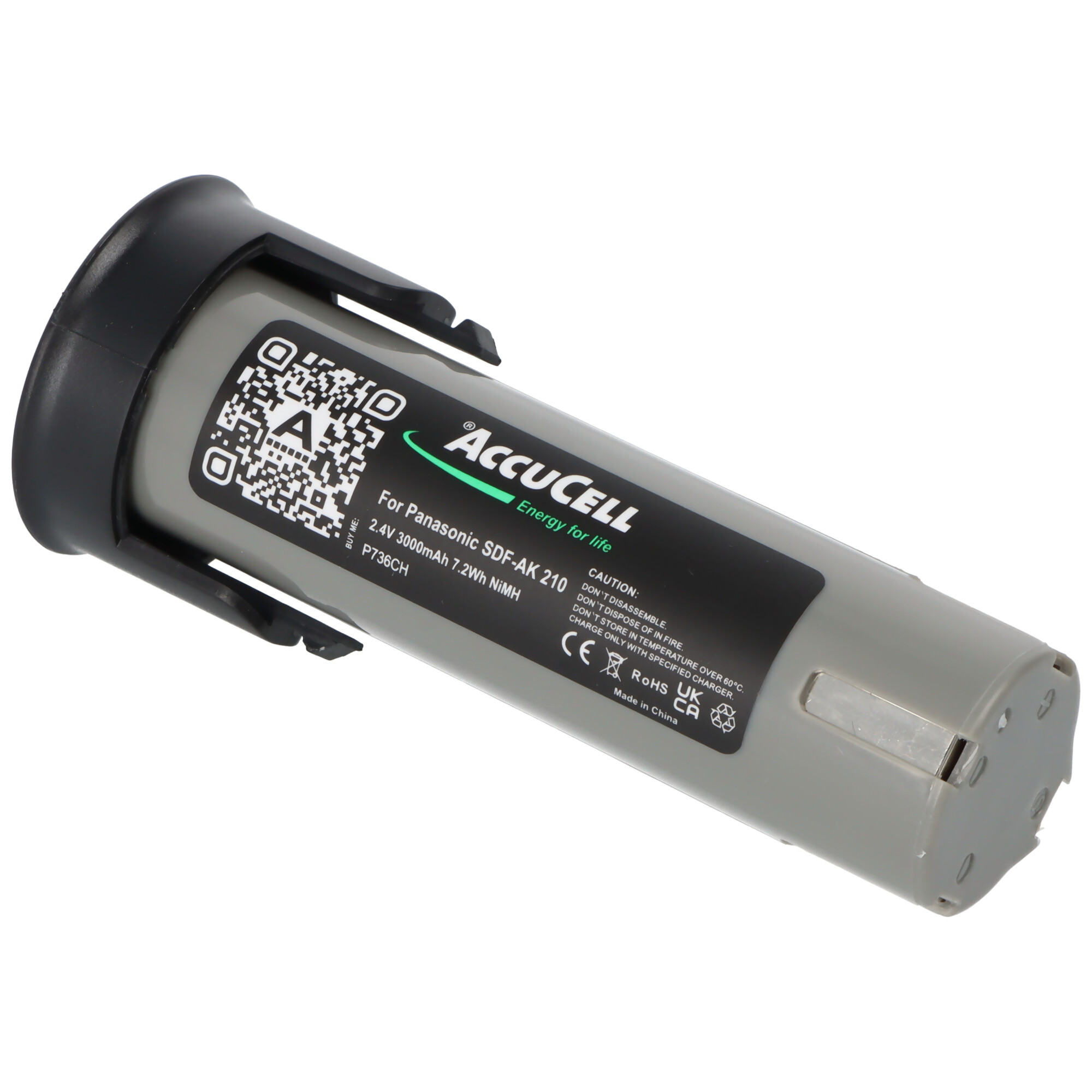 Eine graue AccuCell-Batterie mit schwarzen Akzenten, mit Etiketten und einem QR-Code.