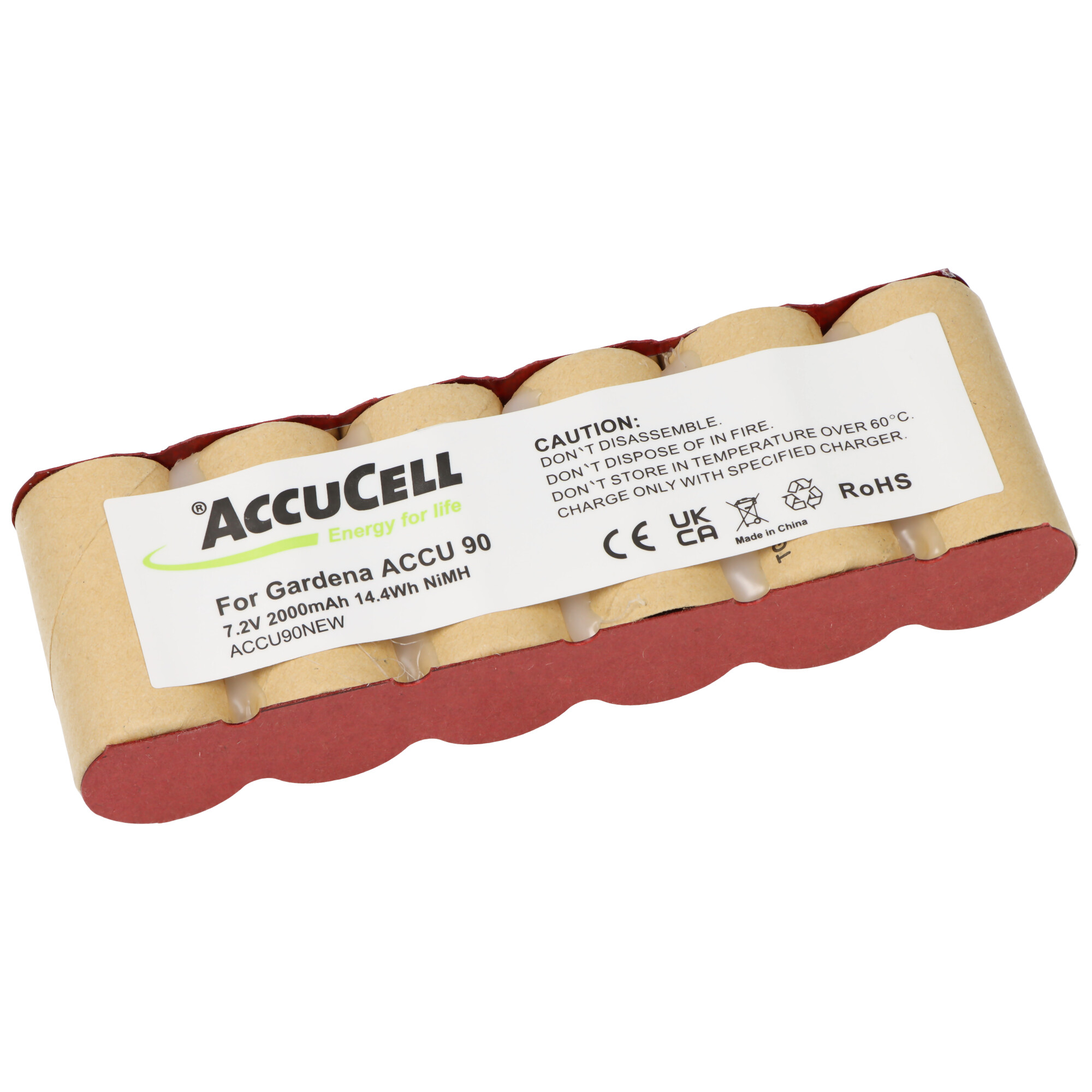Batterijpakket voor een Gardena ACCU 90. Bruine en rode verpakking met tekst en waarschuwingen.
