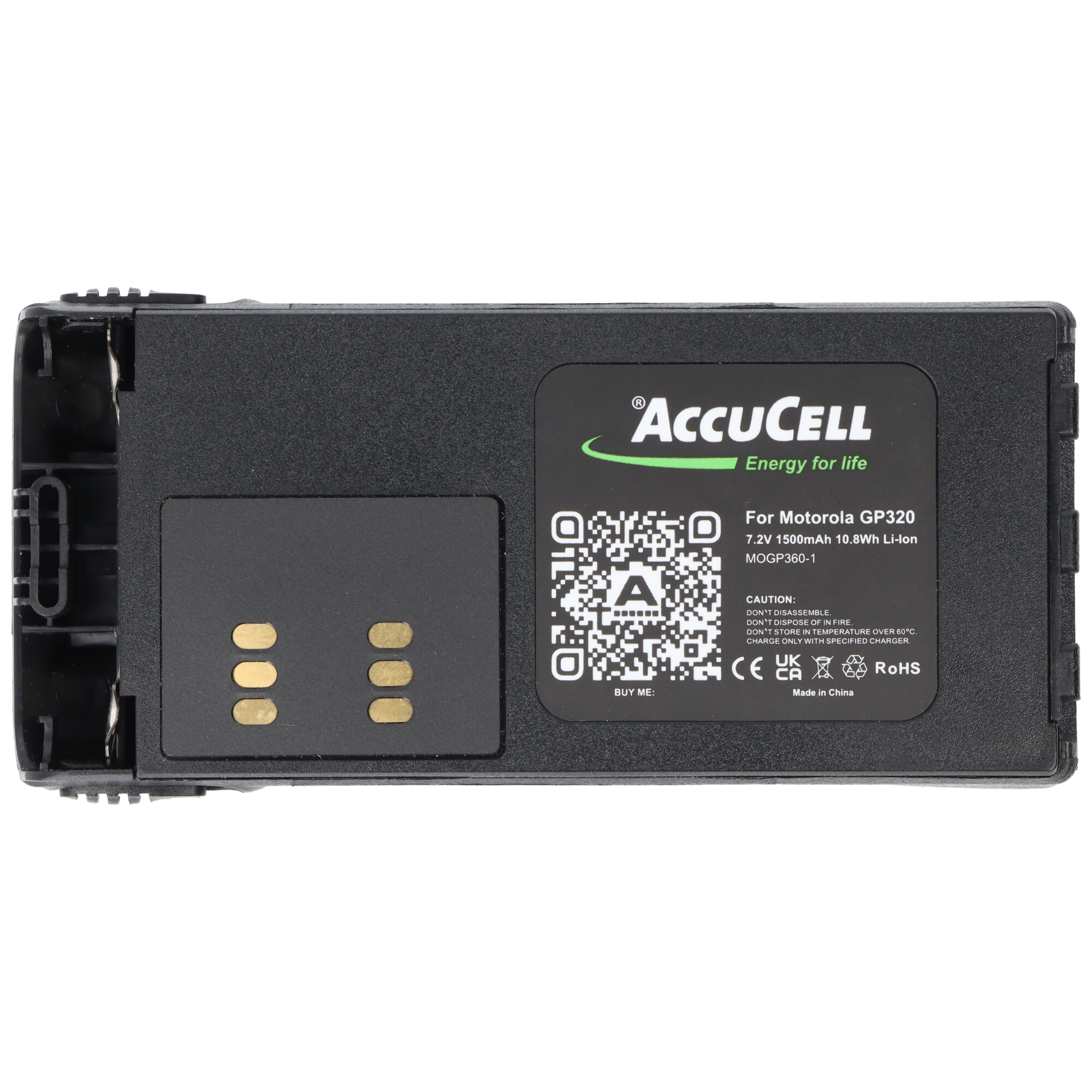 Eine schwarze Batterie mit Text und QR-Code auf weißem Hintergrund.