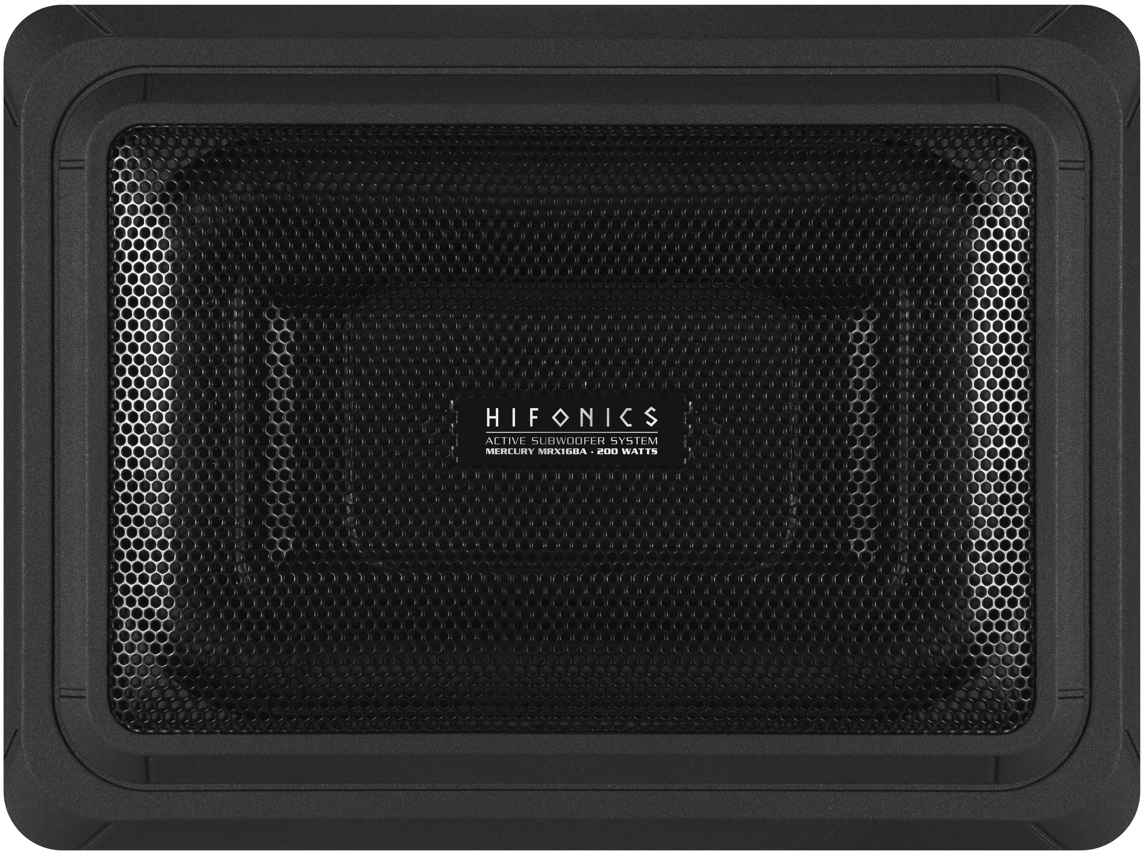 Schwarzer Subwoofer. Rechteckige Form mit schwarzem Mesh-Gitter und Hifonics-Logo.