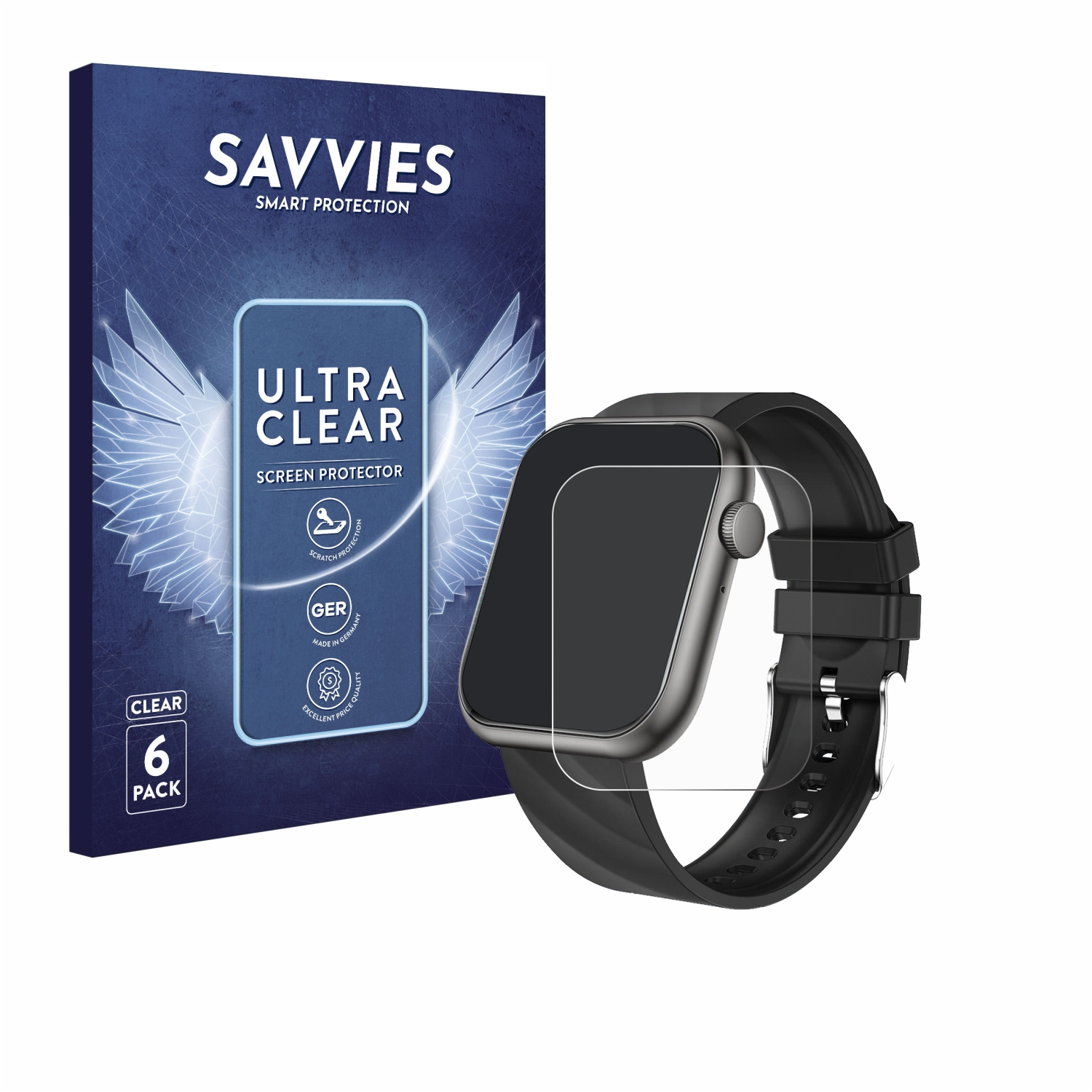Smartwatch mit schwarzem Armband und klarer Displayschutzfolie mit einer Schachtel. Die Schachtel hat Text.