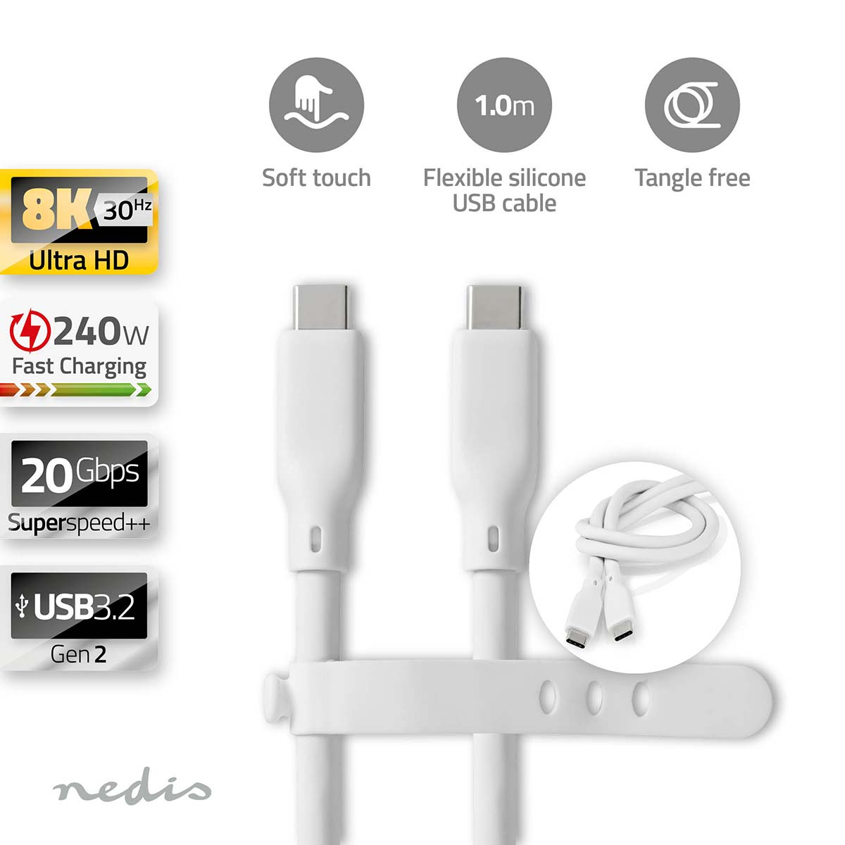 White USB-C cable with a black power icon, 8K Ultra HD logo, and other tech details.