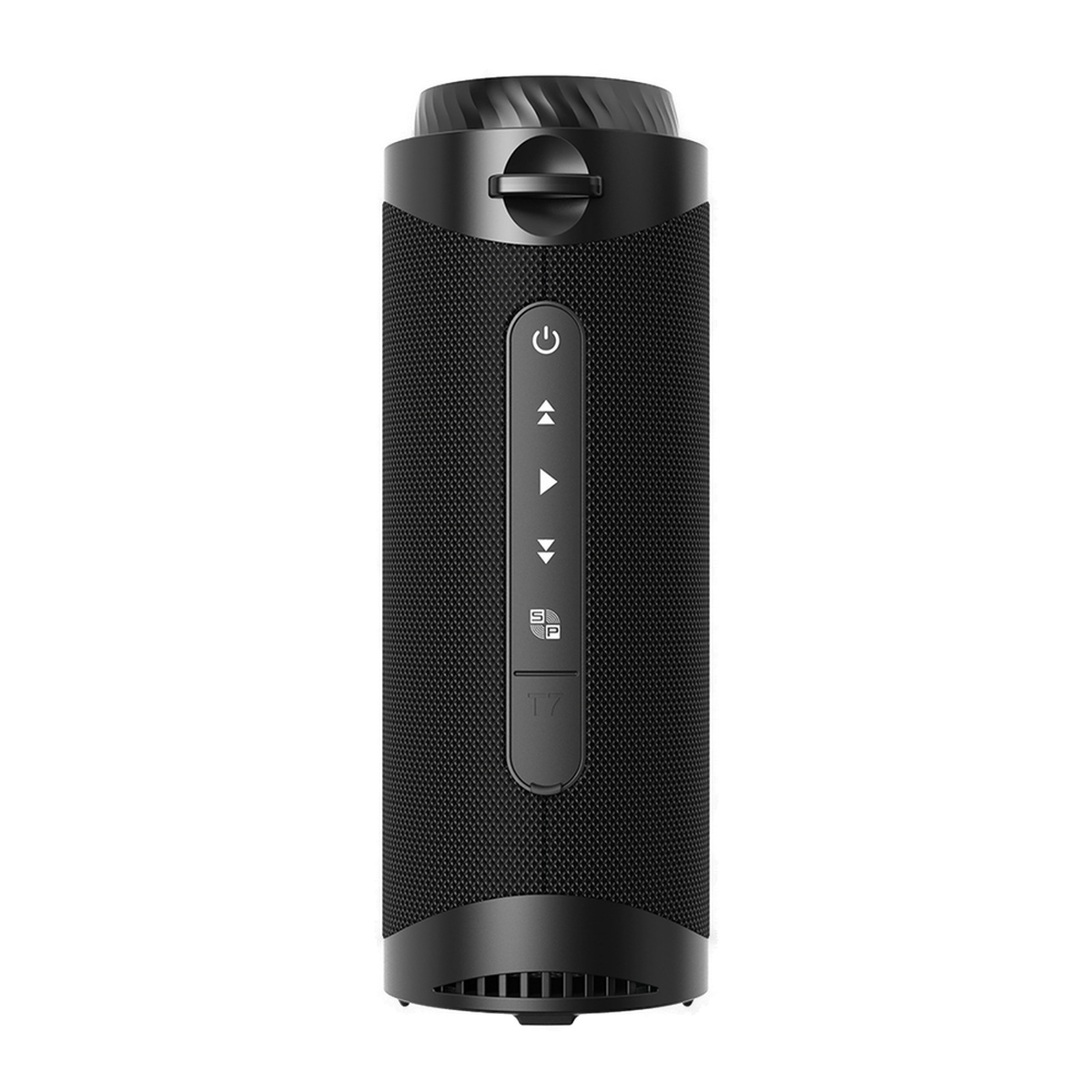 Czarny głośnik z przyciskami sterowania i siatkową konstrukcją. Ma cylindryczny kształt.