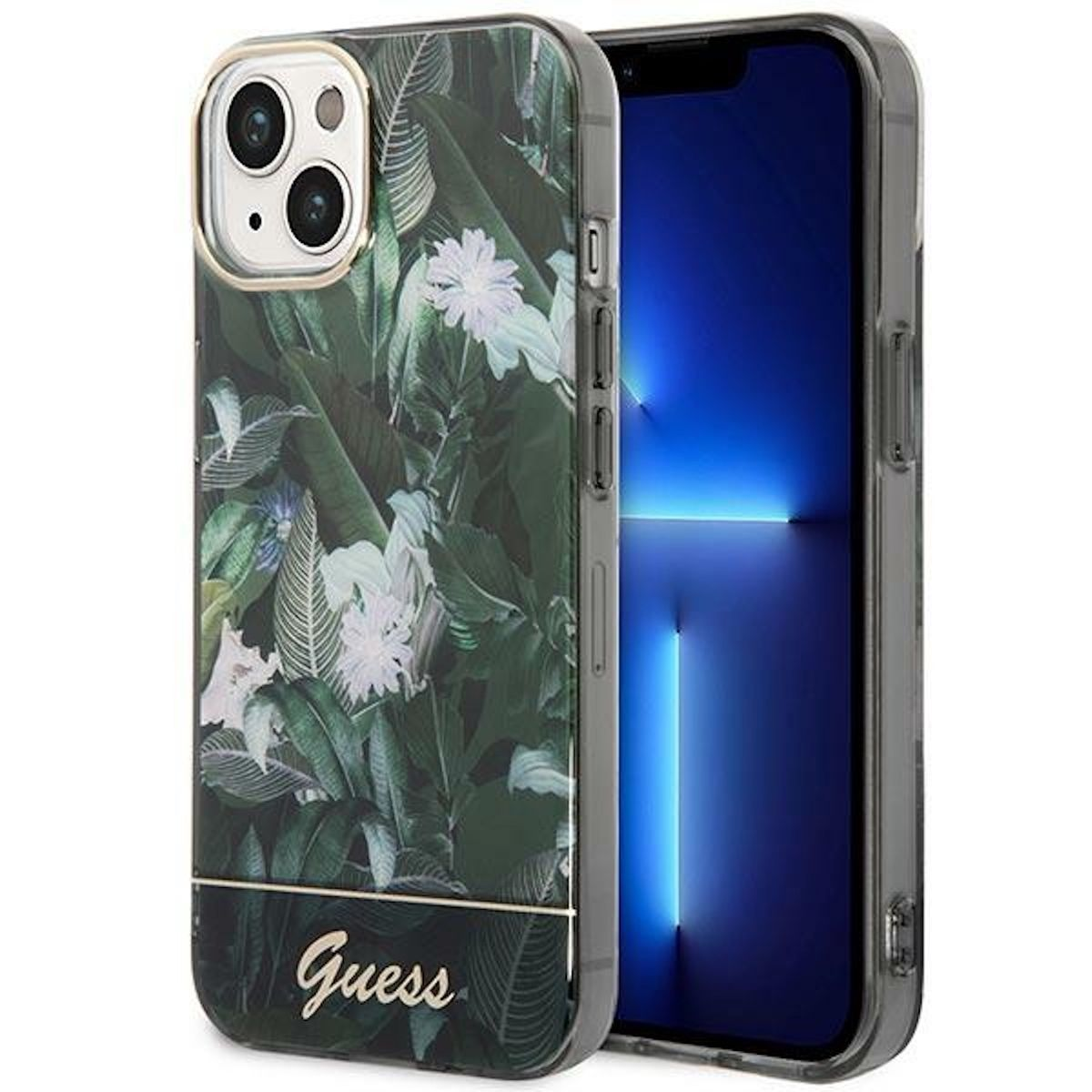Ein Telefon in einer Hülle mit floralem Design. Das Telefon zeigt seinen Bildschirm an. Die Hülle hat das Wort „Guess“.