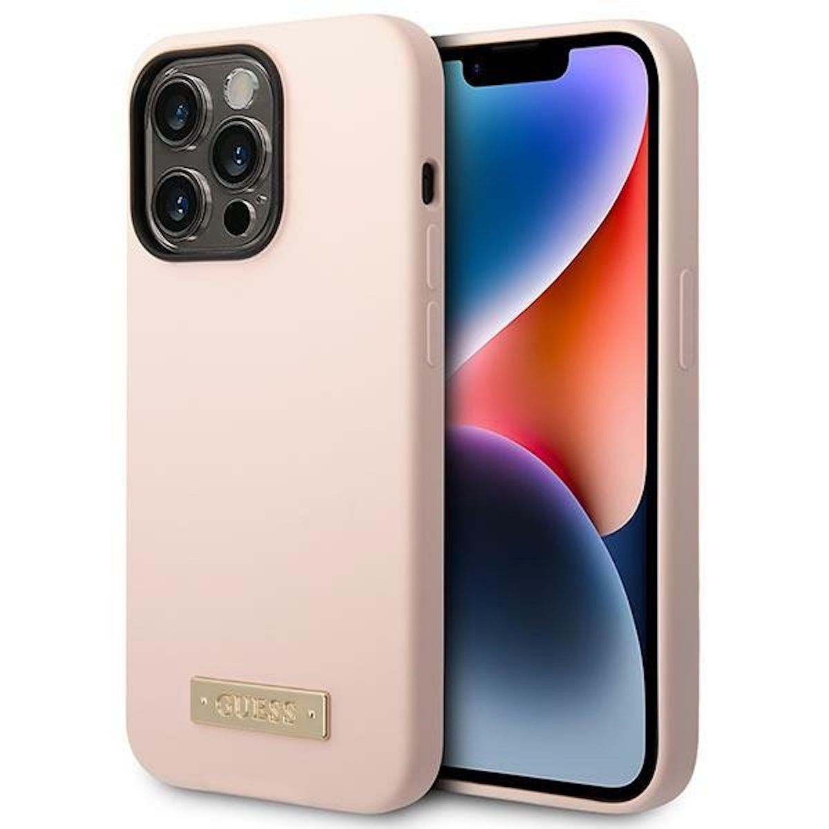 Rosa Handyhülle mit Telefon, goldenes Guess-Logo.