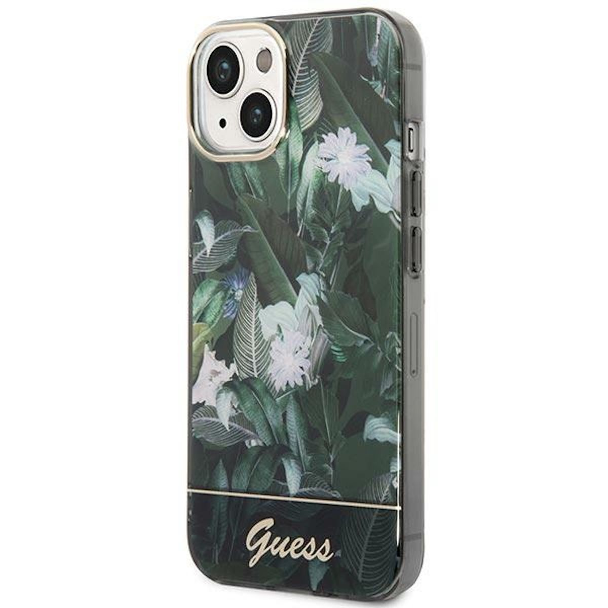 Blumiges Handycase mit Guess-Logo. Weißer Hintergrund.