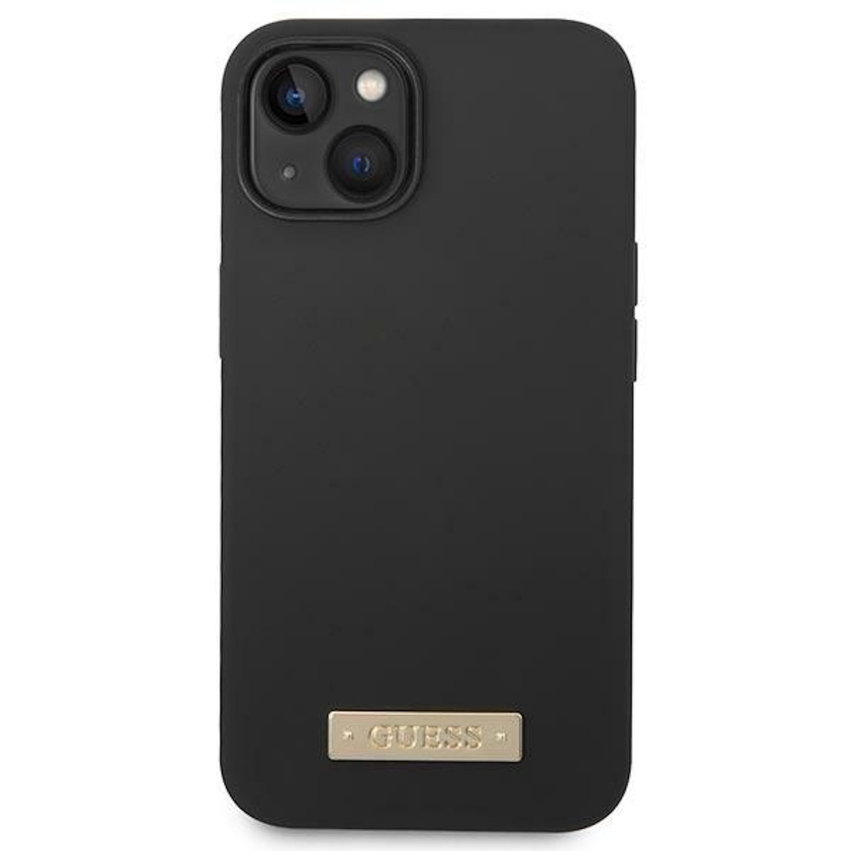 Schwarze Handyhülle mit goldfarbenem GUESS-Logo.