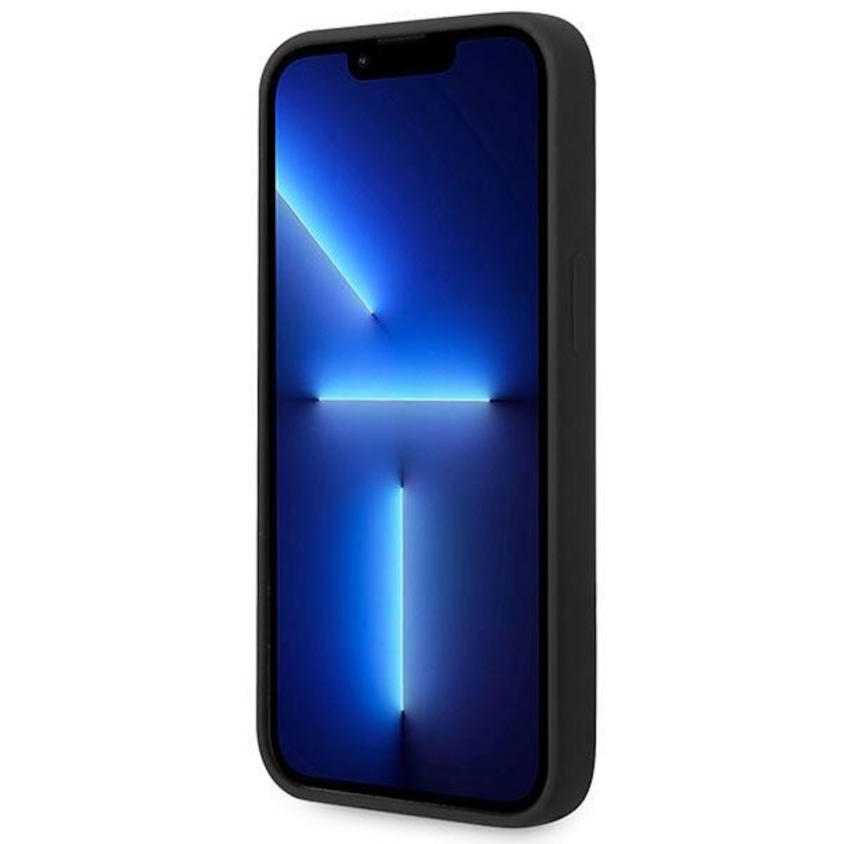 Ein schwarzes iPhone in einer schwarzen Hülle. Der Bildschirm zeigt einen blauen Hintergrund mit weißem Licht.